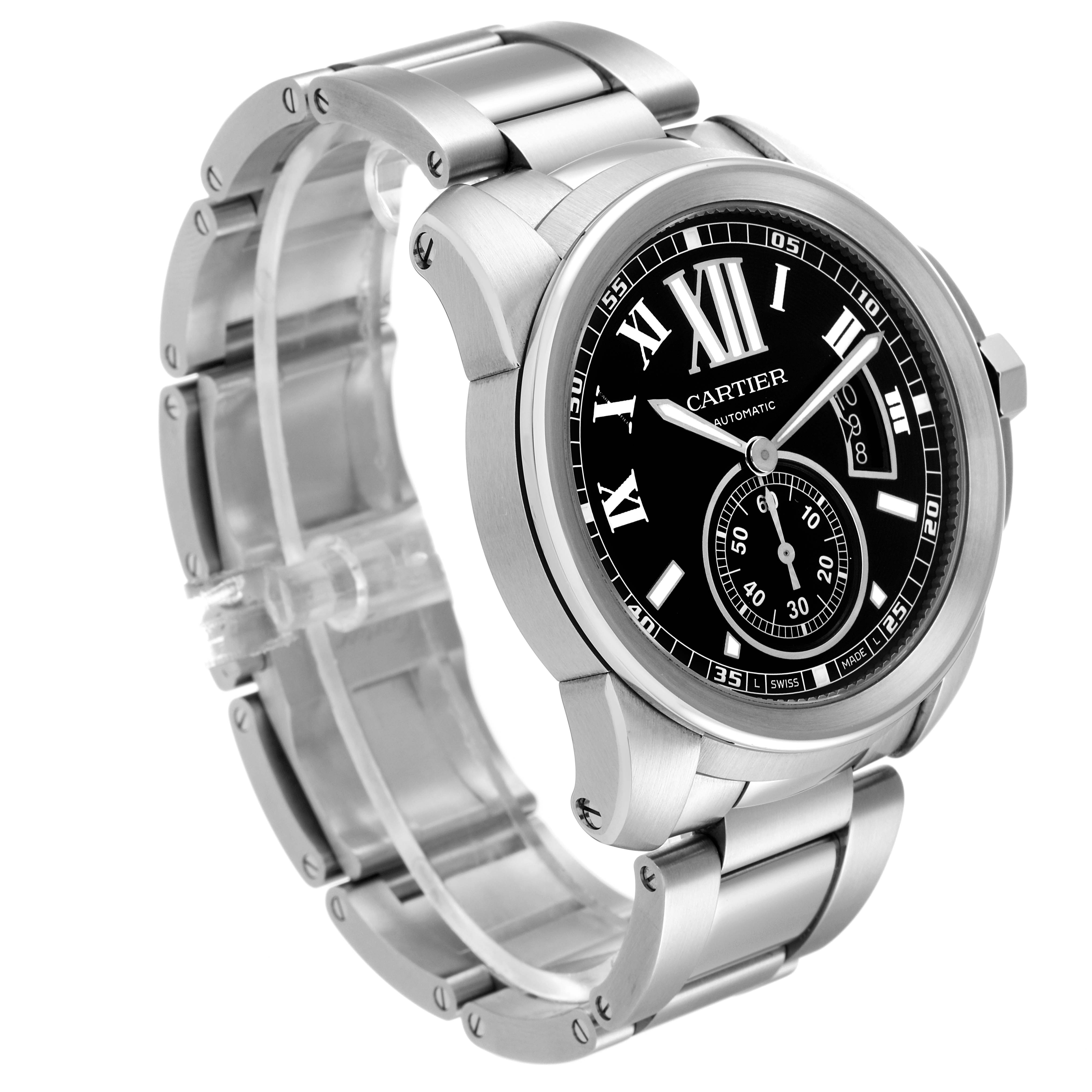 This Calibre de Cartier watch by Cartier is shown at a three-quarter angle, displaying its face, bezel, and bracelet.
