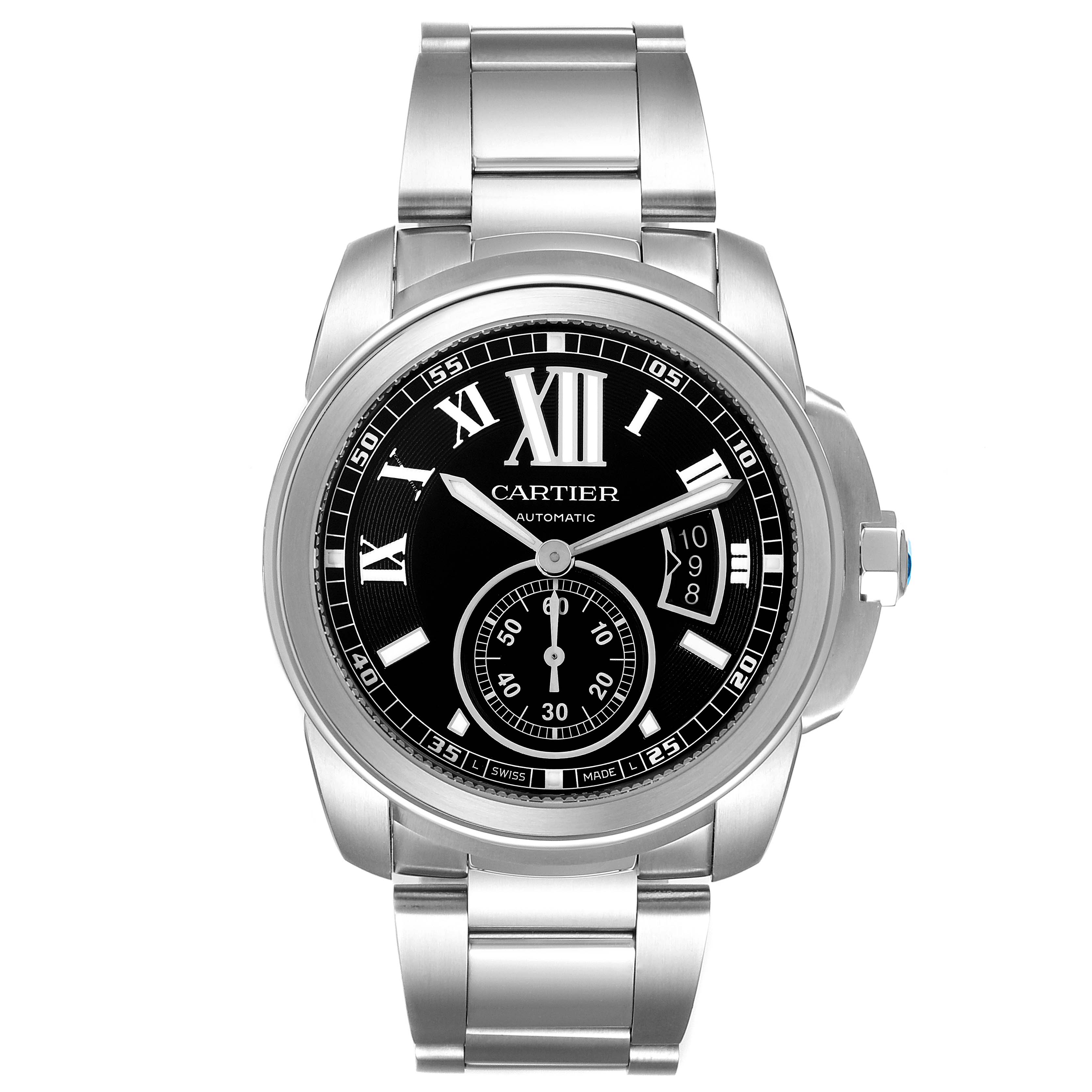 The image shows a front view of a Calibre de Cartier watch by Cartier, featuring its dial, bracelet, and crown.