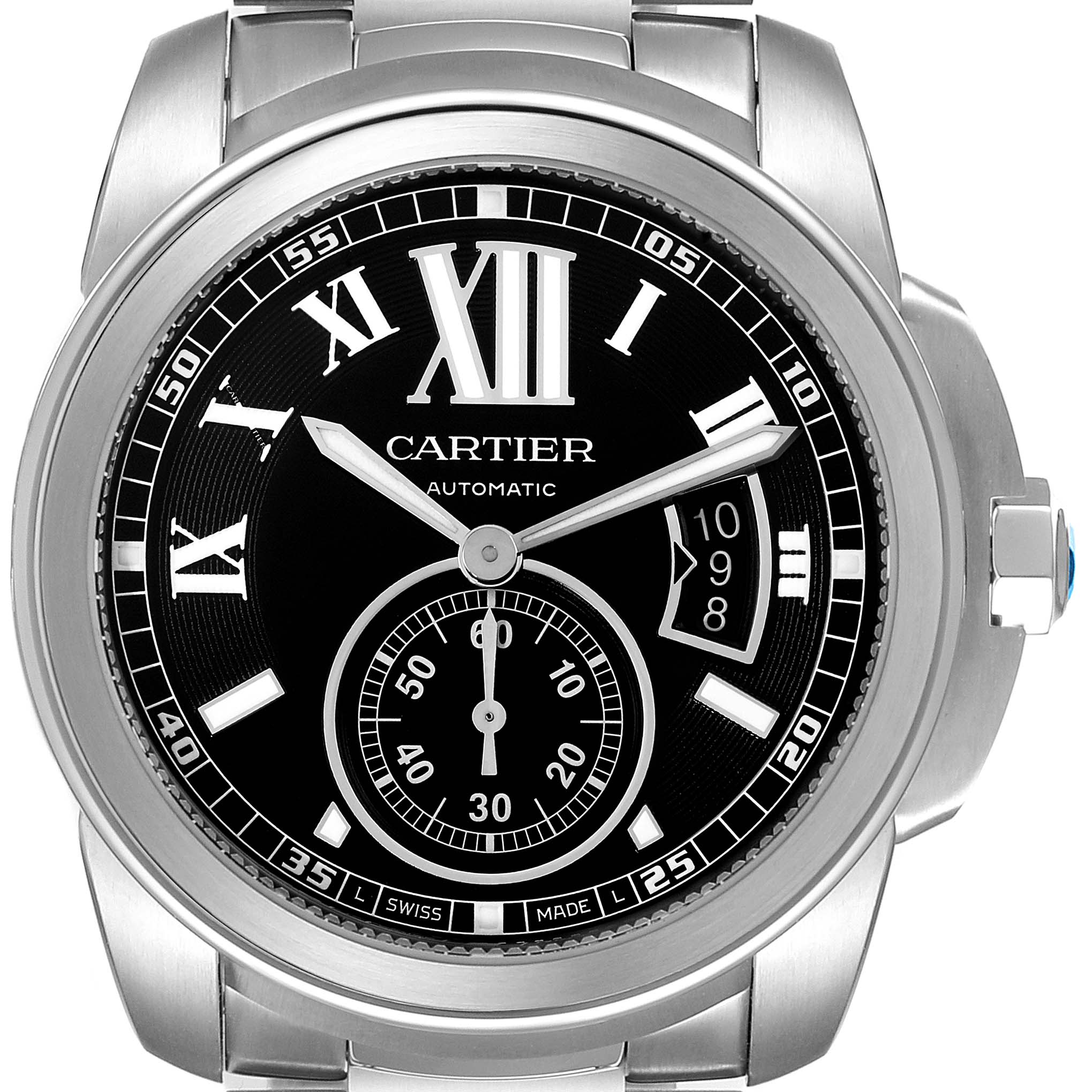 The image displays a close-up, front view of the Calibre de Cartier watch by Cartier, showing its dial, hands, and date window.