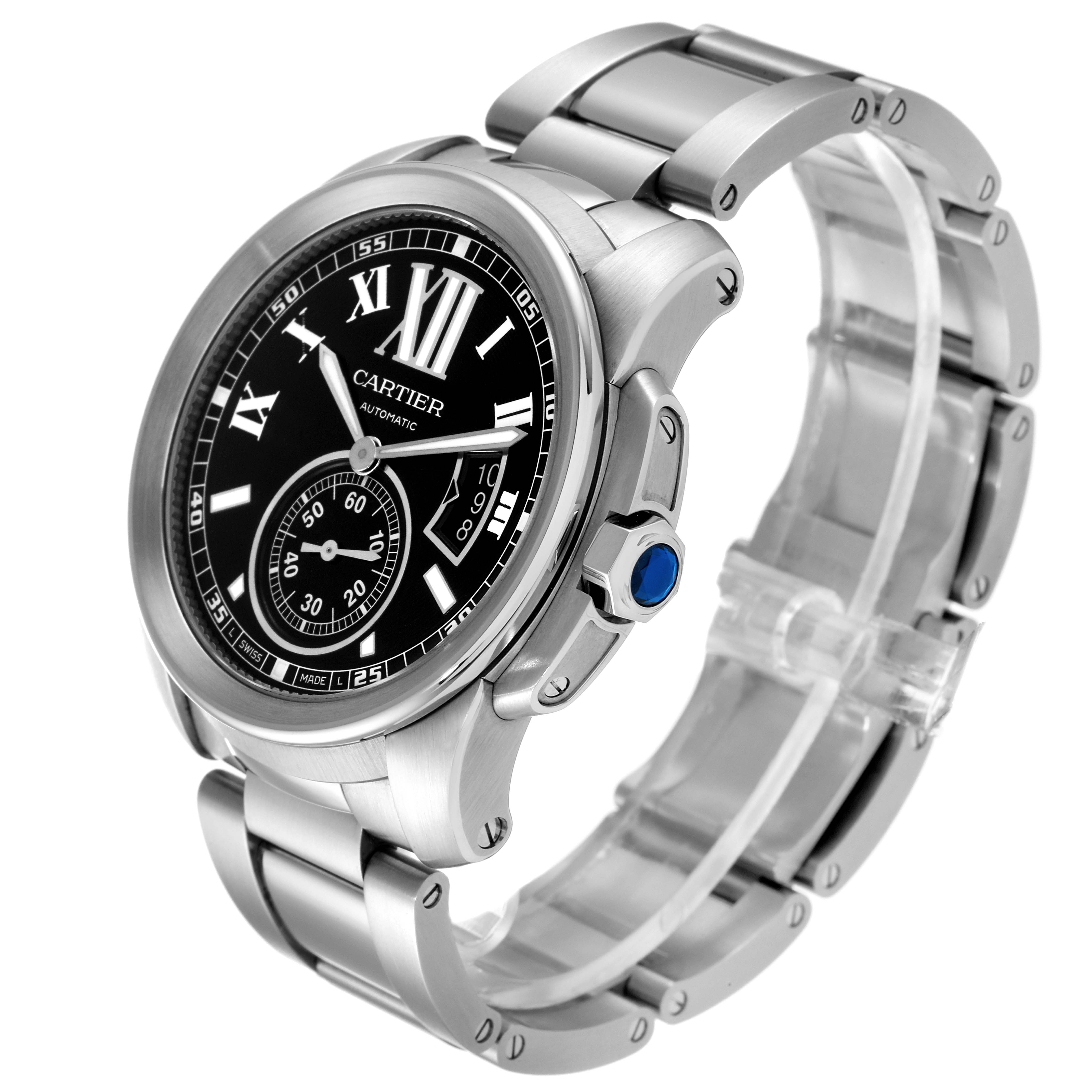 The image shows a Calibre de Cartier model by Cartier from an angled side view, highlighting the watch face and metal bracelet.