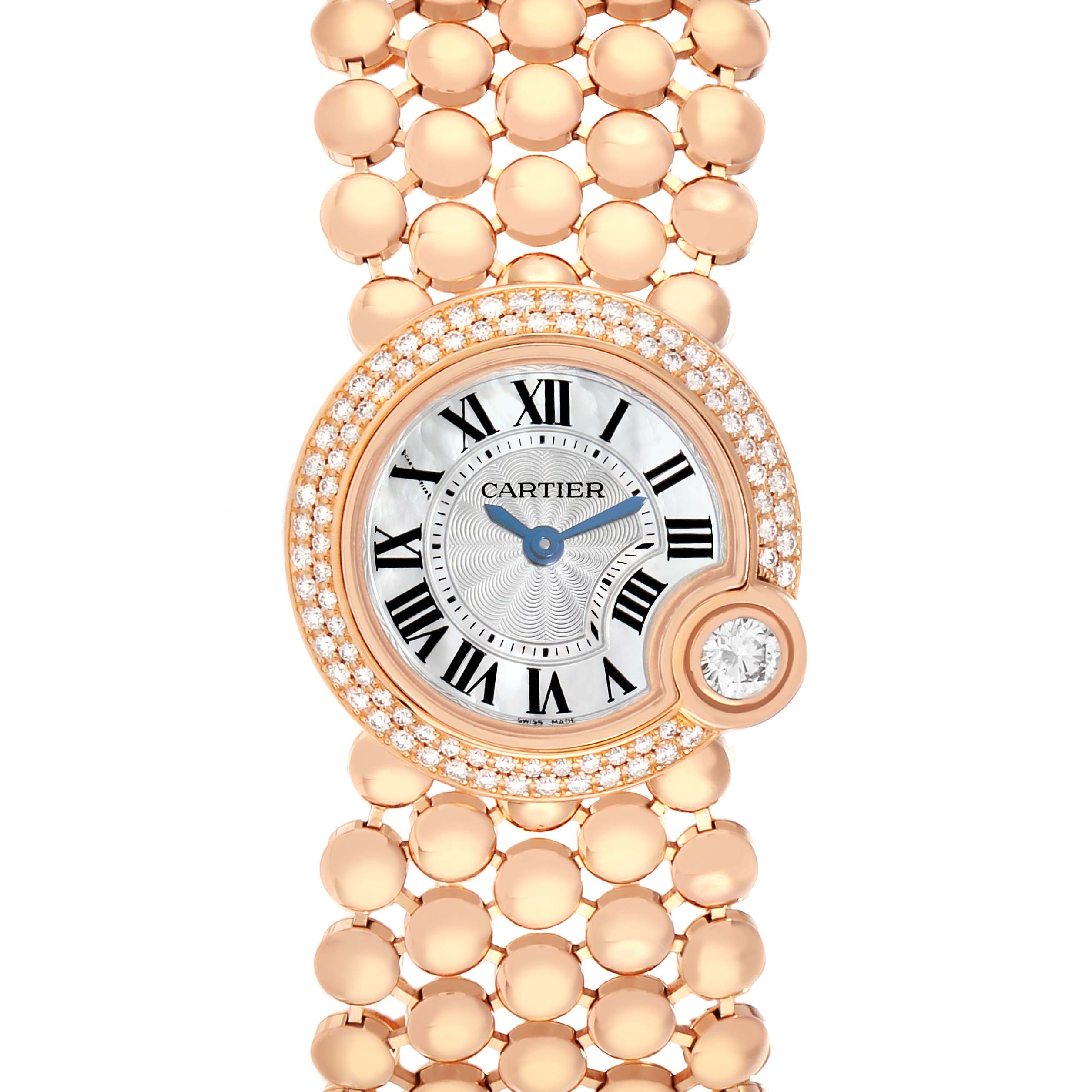 The Cartier Ballon Blanc WE902057 Women
s Rose Gold Mother of Pearl Dial watch is shown from above, highlighting the face, diamond bezel, and bracelet links.