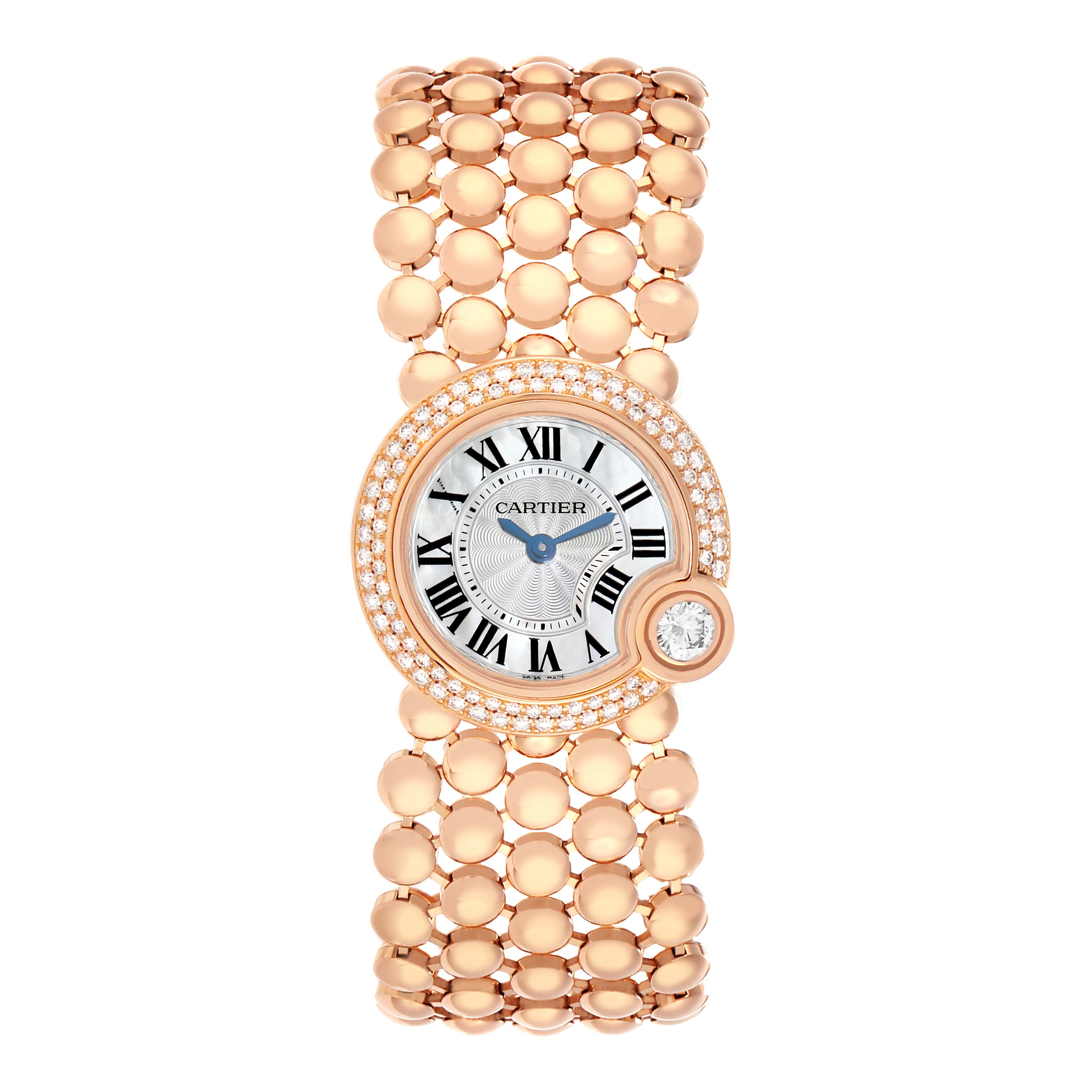 The Cartier Ballon Blanc WE902057 Women
s Rose Gold Mother of Pearl Dial watch is shown from a top-down angle, highlighting its round dial, diamond accents, and linked band.