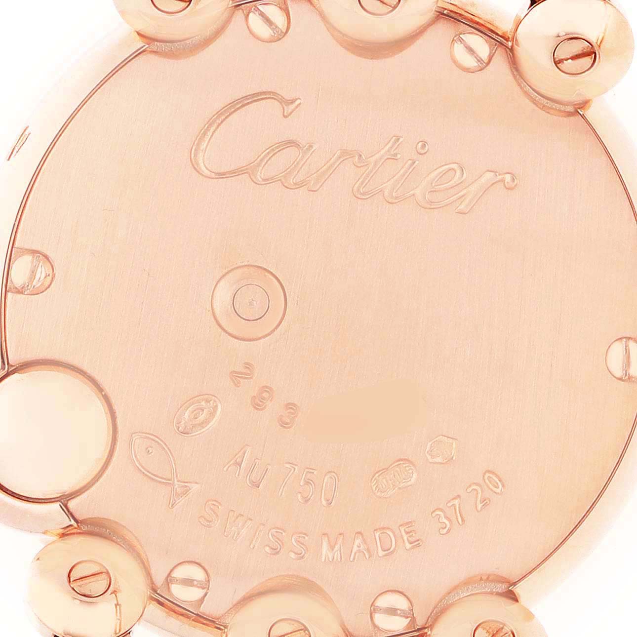 The image shows the back case of the Cartier Ballon Blanc WE902057 Women
s Rose Gold Mother of Pearl Dial watch, highlighting the engraved brand name and gold marks.