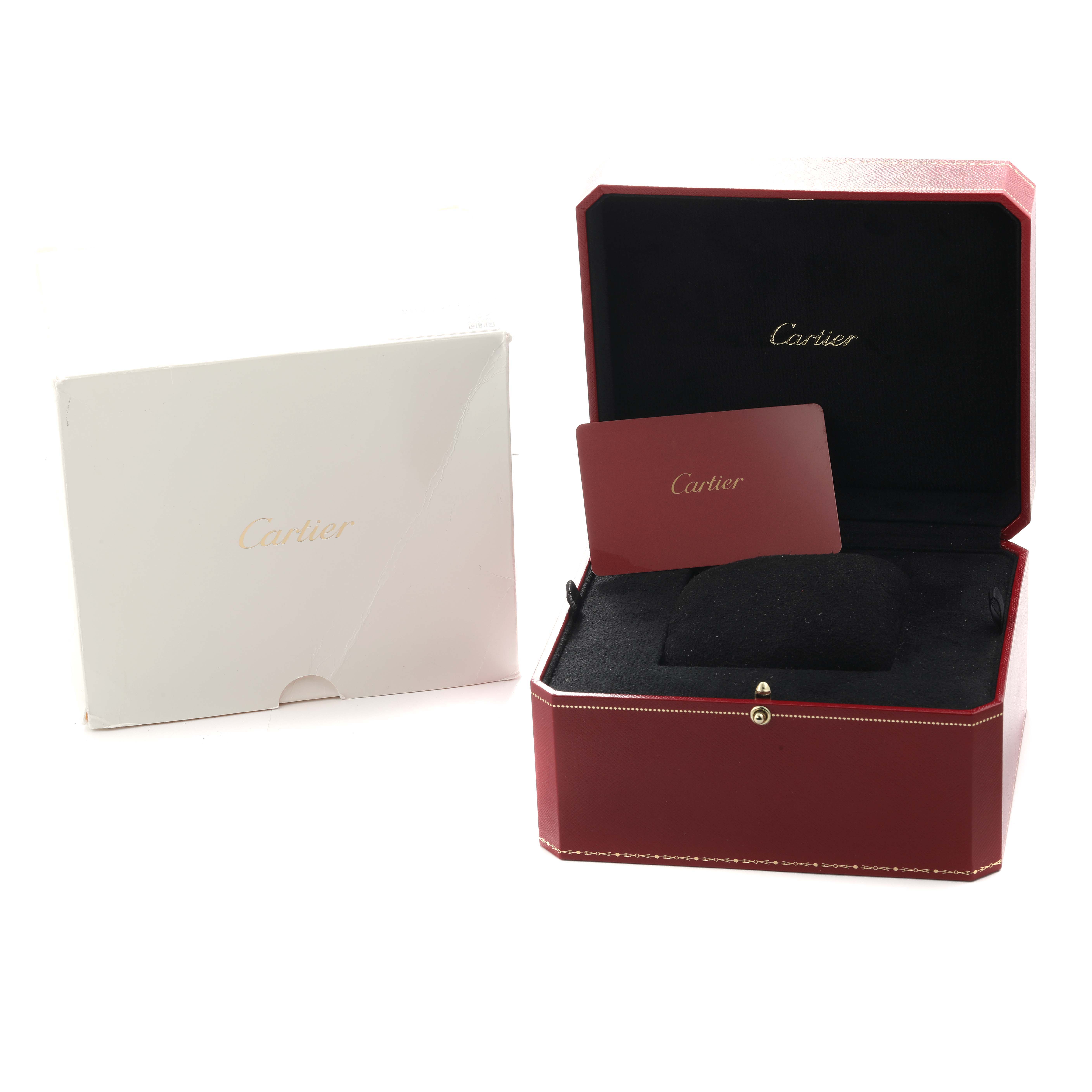 The image shows the Cartier Ballon Blanc WE902057 Women
s Rose Gold Mother of Pearl Dial watch box, an open red case, and an accompanying card.