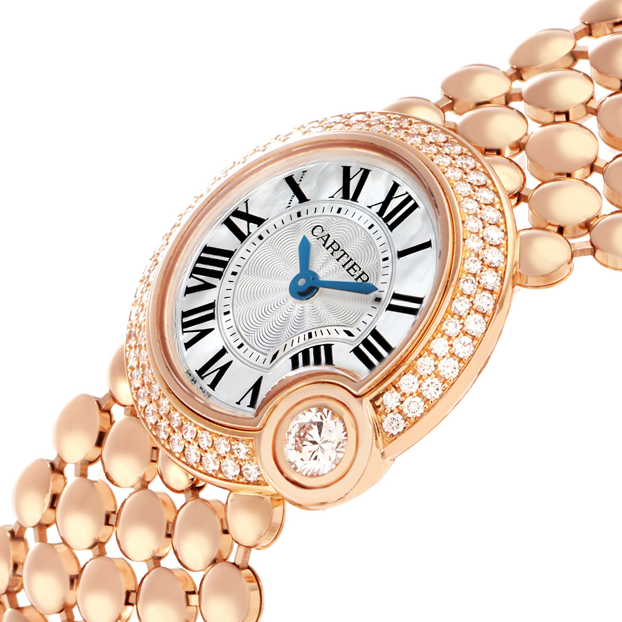 The Cartier Ballon Blanc WE902057 Women
s Rose Gold Mother of Pearl Dial watch is shown at an angled close-up, highlighting its face, diamond bezel, and bracelet.