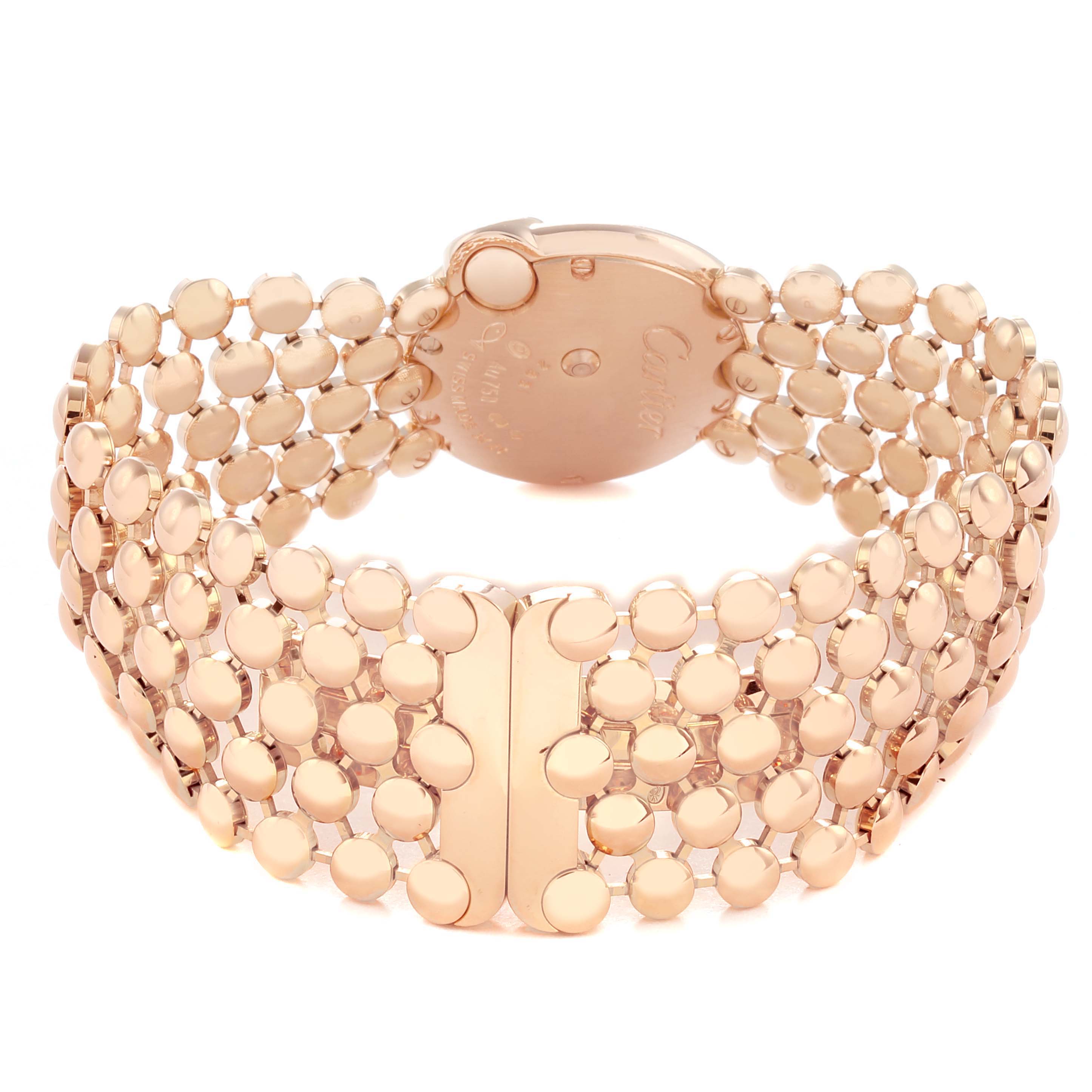 The Cartier Ballon Blanc WE902057 Women
s Rose Gold Mother of Pearl Dial watch is shown from the back, highlighting the bracelet and clasp.