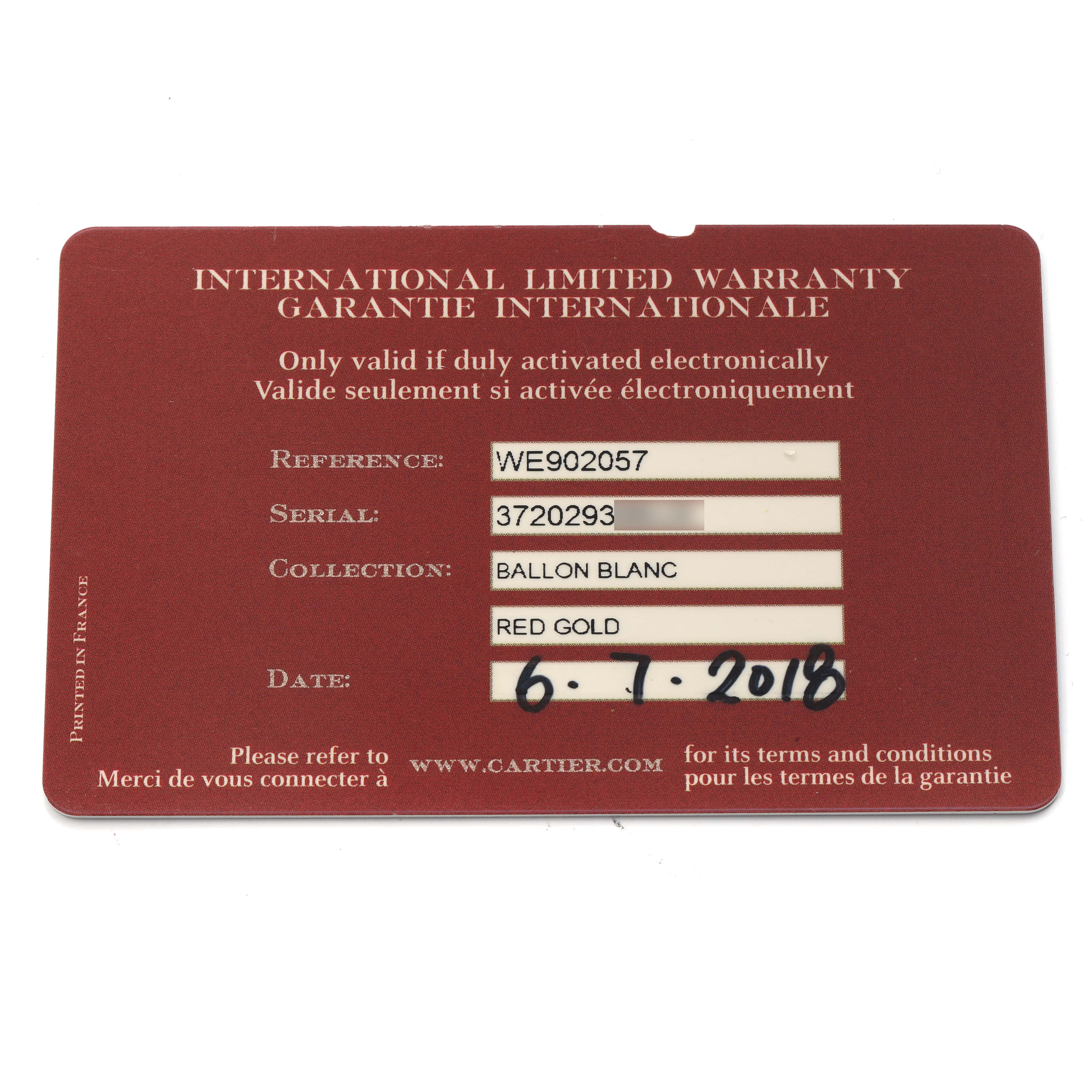 This image shows the warranty card for the Ballon Blanc model by Cartier.