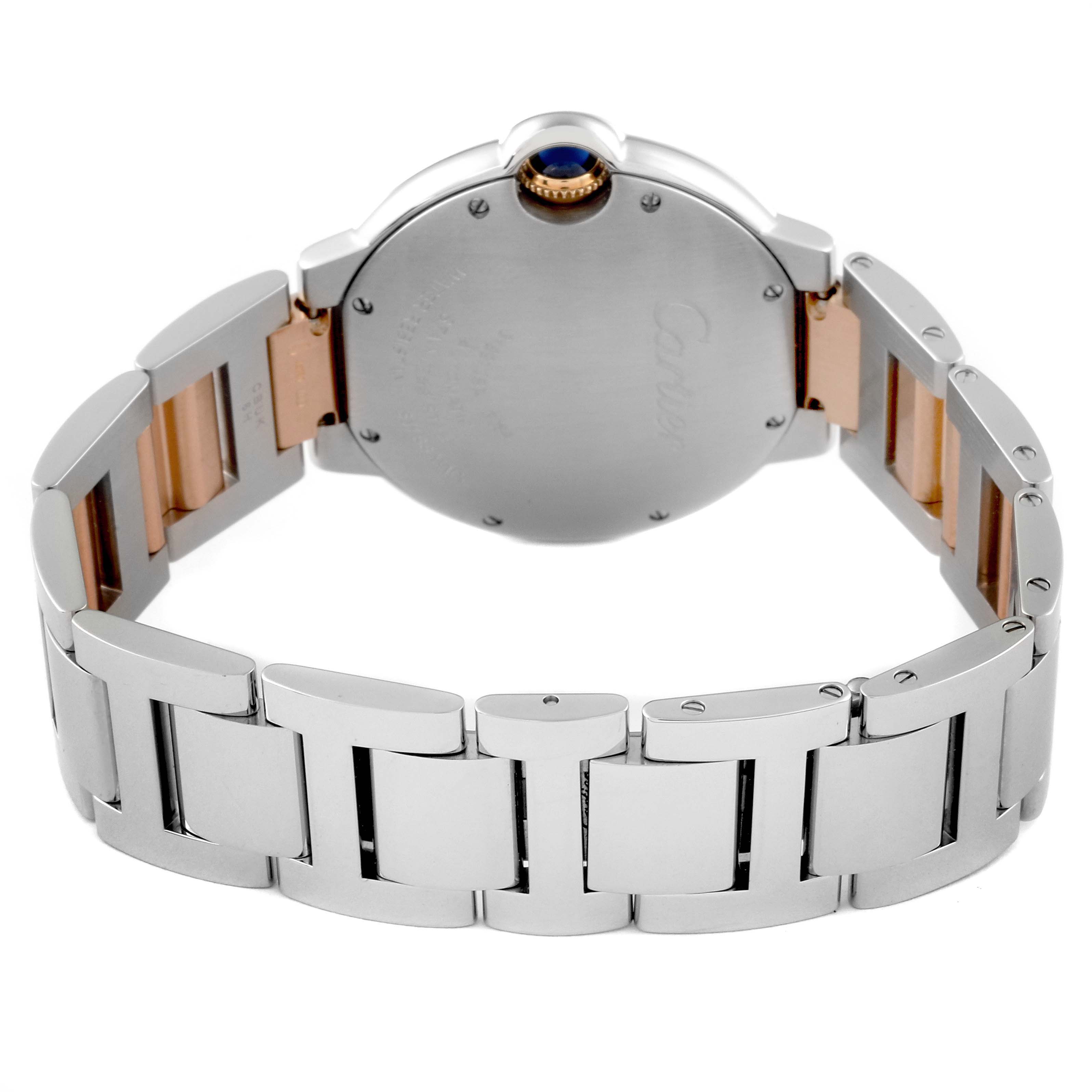 The image shows the back and bracelet of the Cartier Ballon Bleu Women's Steel and Gold (two tone) Silver Dial Women's Steel and Gold (two tone) Silver Dial watch, highlighting its metal links and the case back.