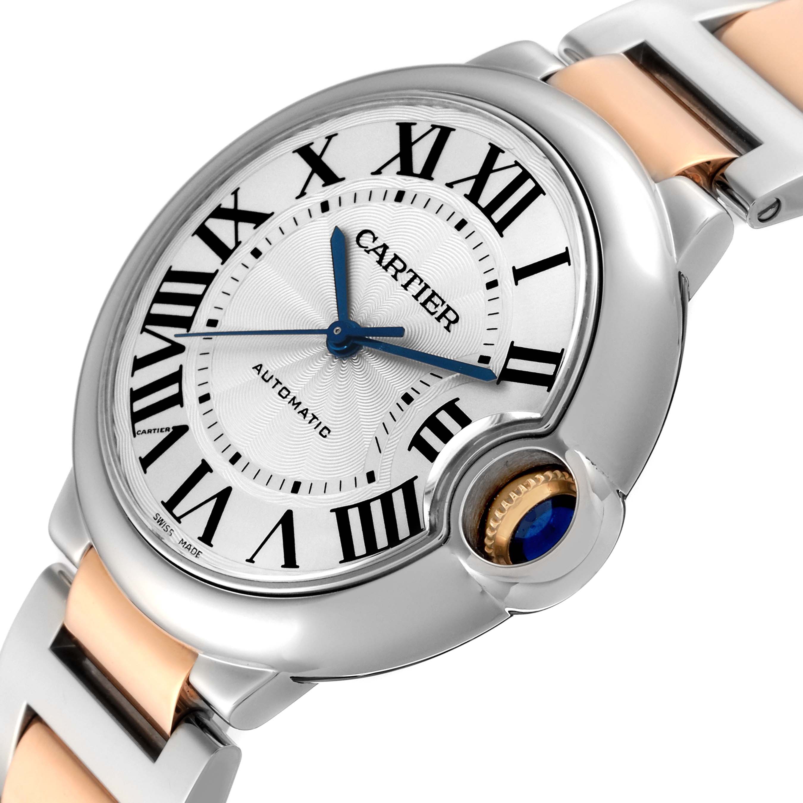 The Cartier Ballon Bleu Women's Steel and Gold (two tone) Silver Dial Women's Steel and Gold (two tone) Silver Dial watch is shown from a side angle, highlighting the dial, case, and crown.