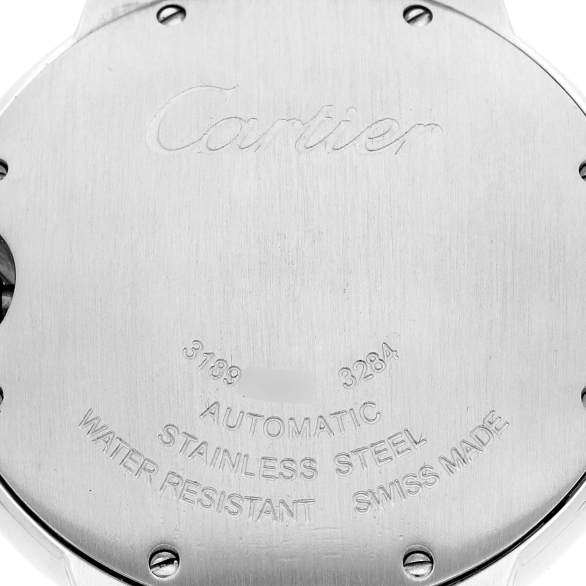 The image shows the back case of the Cartier Ballon Bleu Women's Steel and Gold (two tone) Silver Dial Women's Steel and Gold (two tone) Silver Dial watch, highlighting its engravings and material details.