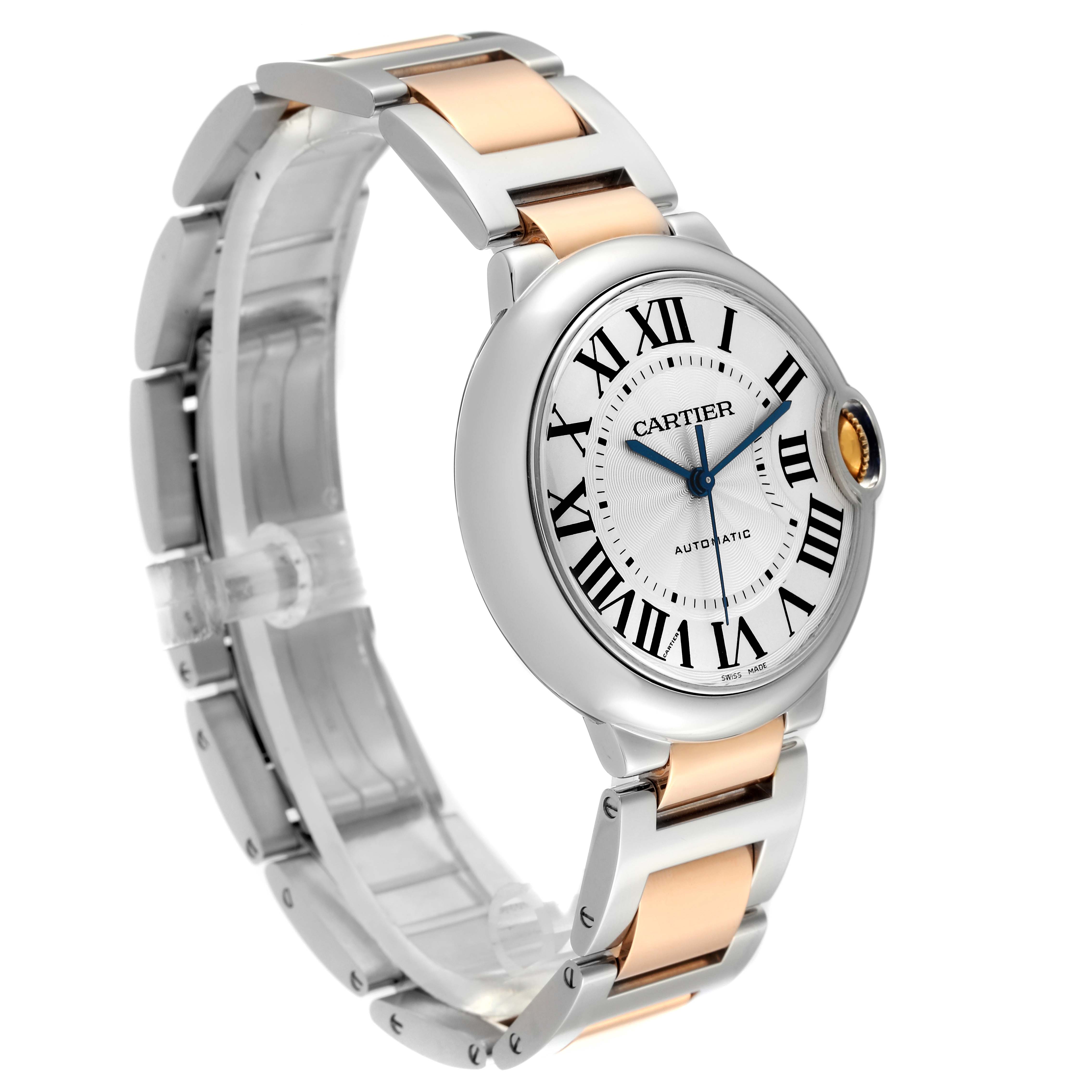 The Cartier Ballon Bleu Women's Steel and Gold (two tone) Silver Dial Women's Steel and Gold (two tone) Silver Dial watch is shown at an angled side view, displaying the face, bracelet, and distinctive crown.