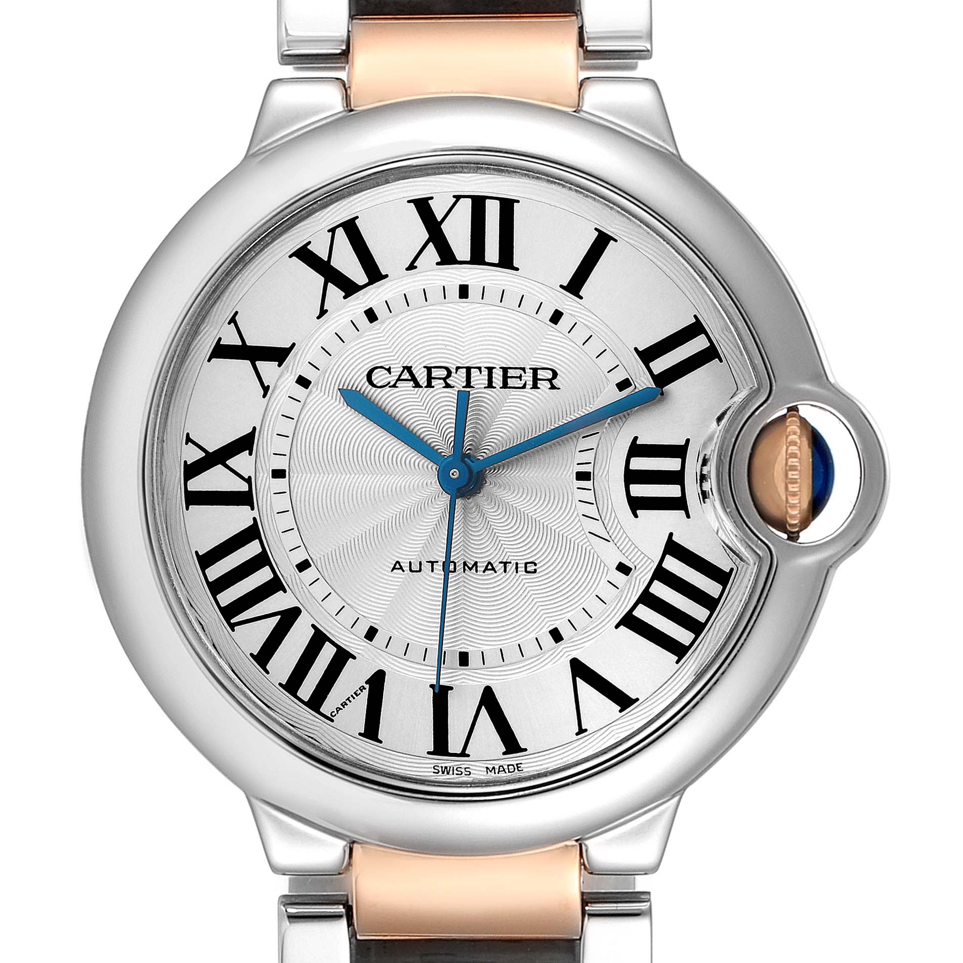 The Cartier Ballon Bleu Women's Steel and Gold (two tone) Silver Dial Women's Steel and Gold (two tone) Silver Dial watch is shown front-facing, highlighting the dial, Roman numerals, and crown.