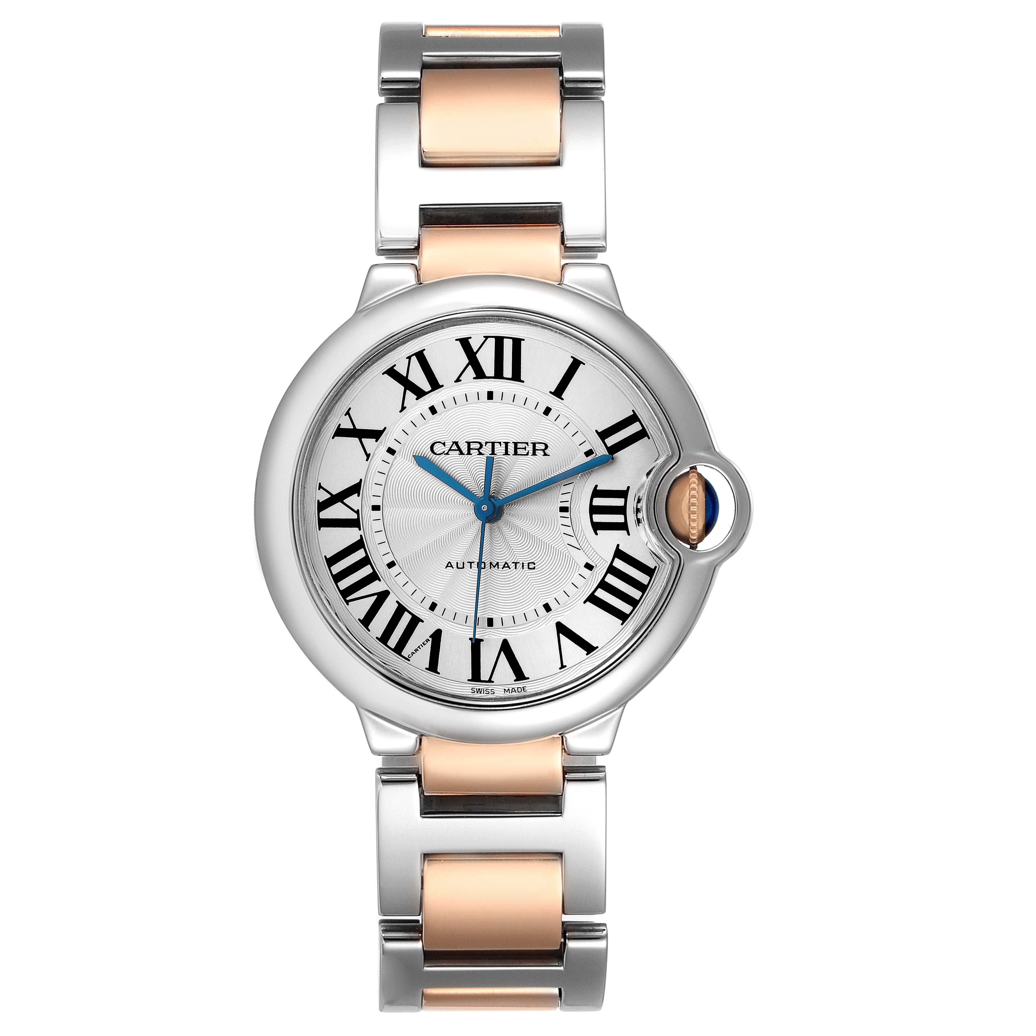 The Cartier Ballon Bleu Women's Steel and Gold (two tone) Silver Dial Women's Steel and Gold (two tone) Silver Dial watch is shown from the front, displaying the face, Roman numerals, and two-tone bracelet.