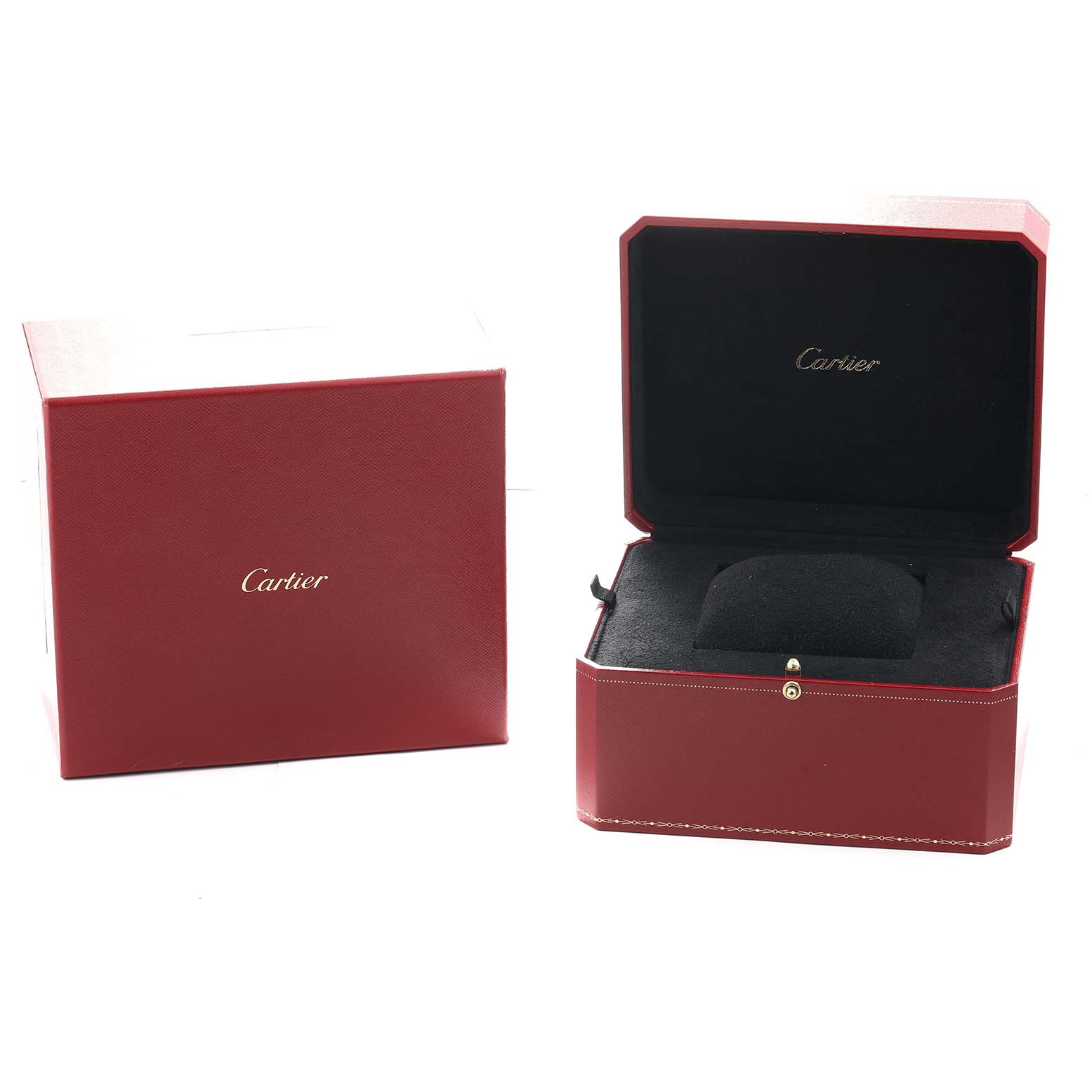 The image shows a Cartier Ballon Bleu W6920096 Women
s Rose Gold Silver Dial watch box set, with the open box and a separate outer box.