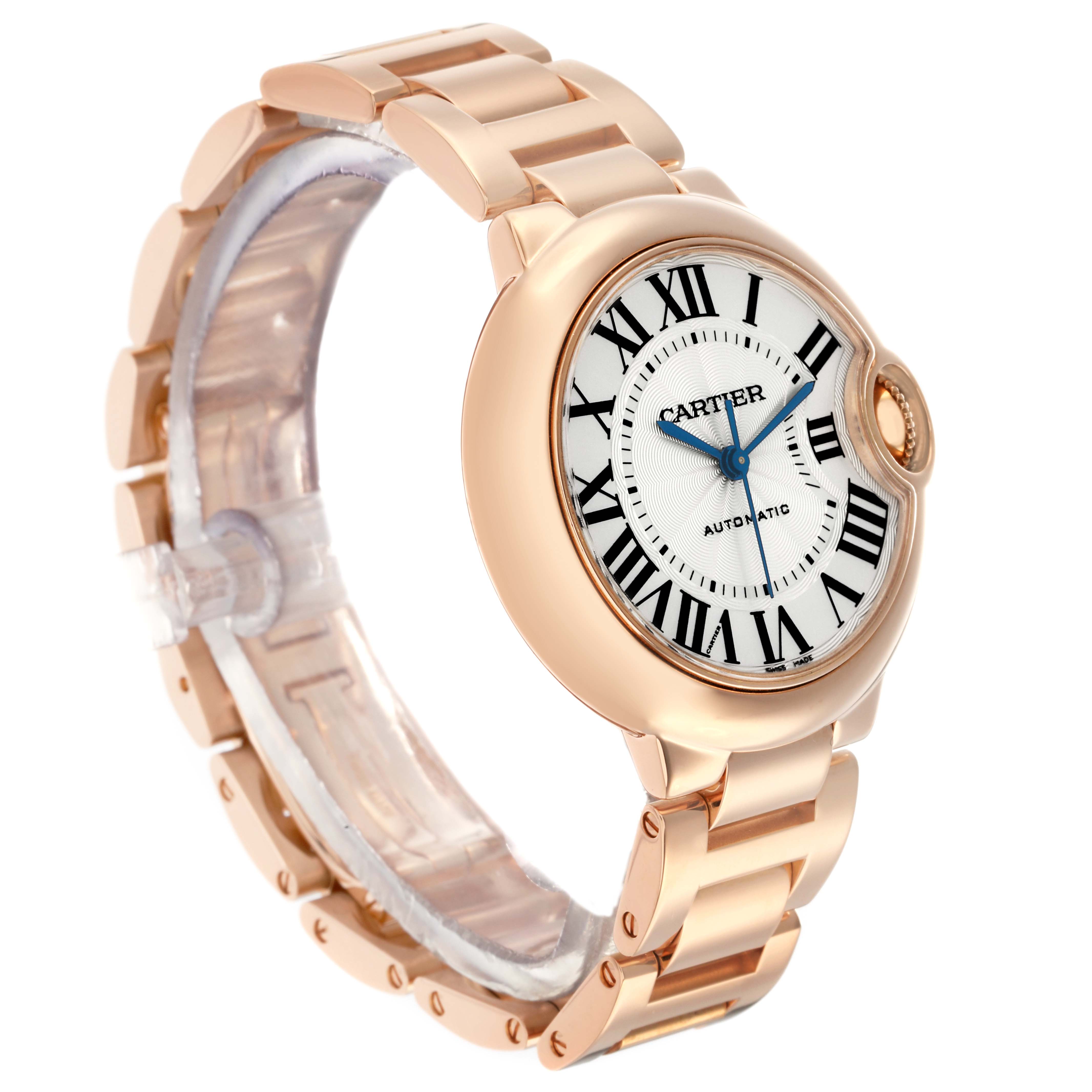 The image shows a side angle of a Cartier Ballon Bleu W6920096 Women
s Rose Gold Silver Dial watch, highlighting the face, case, crown, and bracelet.