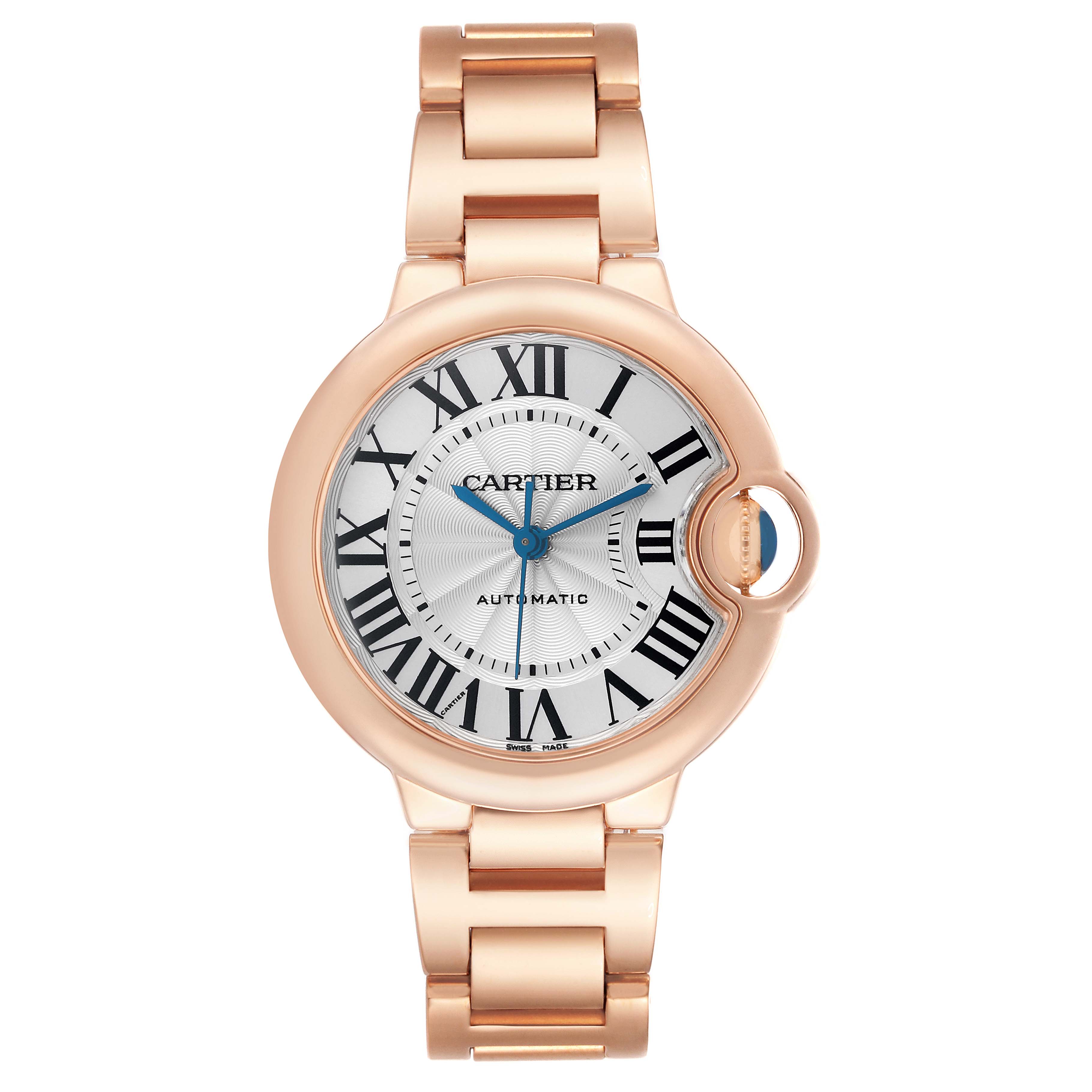 The image shows a Cartier Ballon Bleu W6920096 Women
s Rose Gold Silver Dial watch from a front view, highlighting the face, dial, and bracelet.