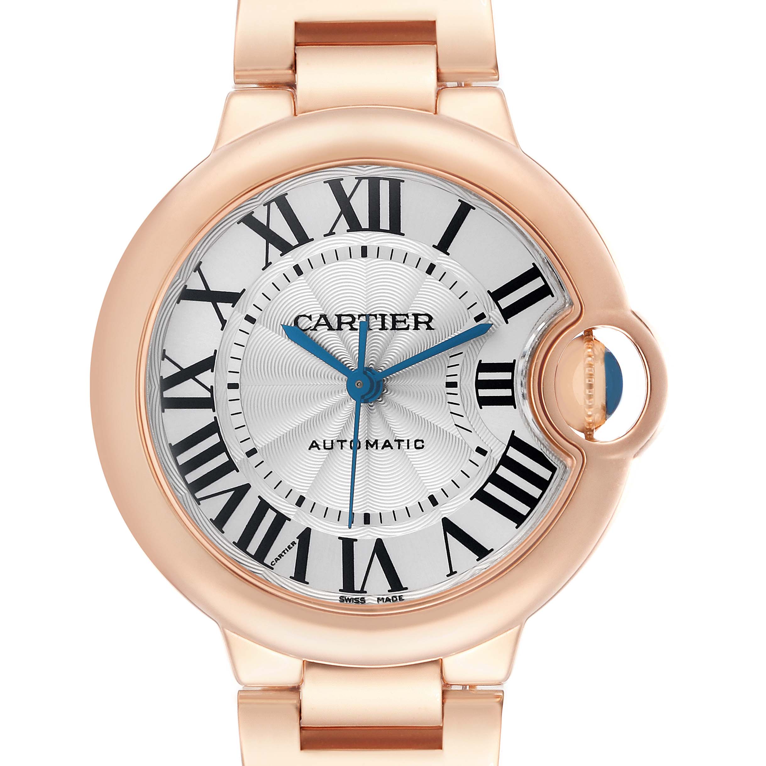 The Cartier Ballon Bleu W6920096 Women
s Rose Gold Silver Dial watch is shown from the front, highlighting its round face, Roman numerals, and blue hands with a gold case and link.