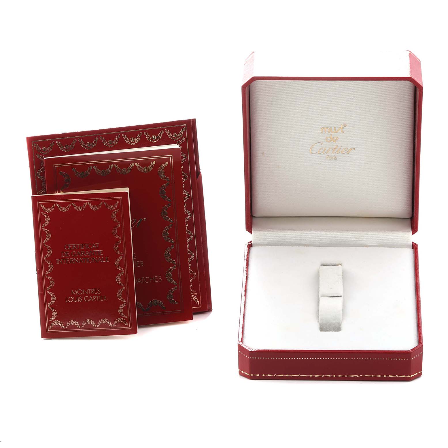 The image shows the Cartier Colisee WB1018A8 Women
s Yellow Gold Silver Dial watch box and documentation at a front angle.