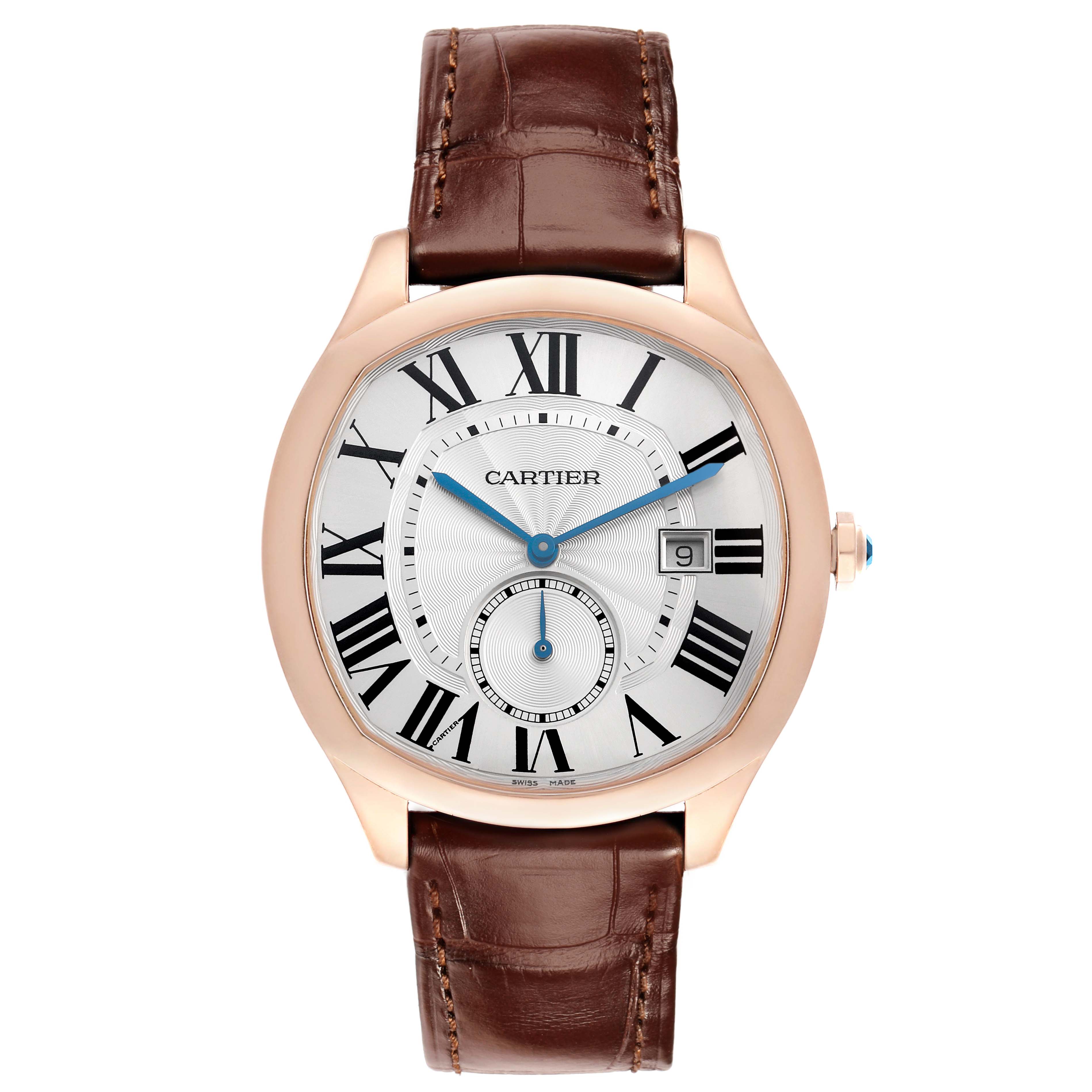 The Calibre de Cartier watch is shown from the front, displaying the dial, Roman numerals, hands, date window, and leather strap.