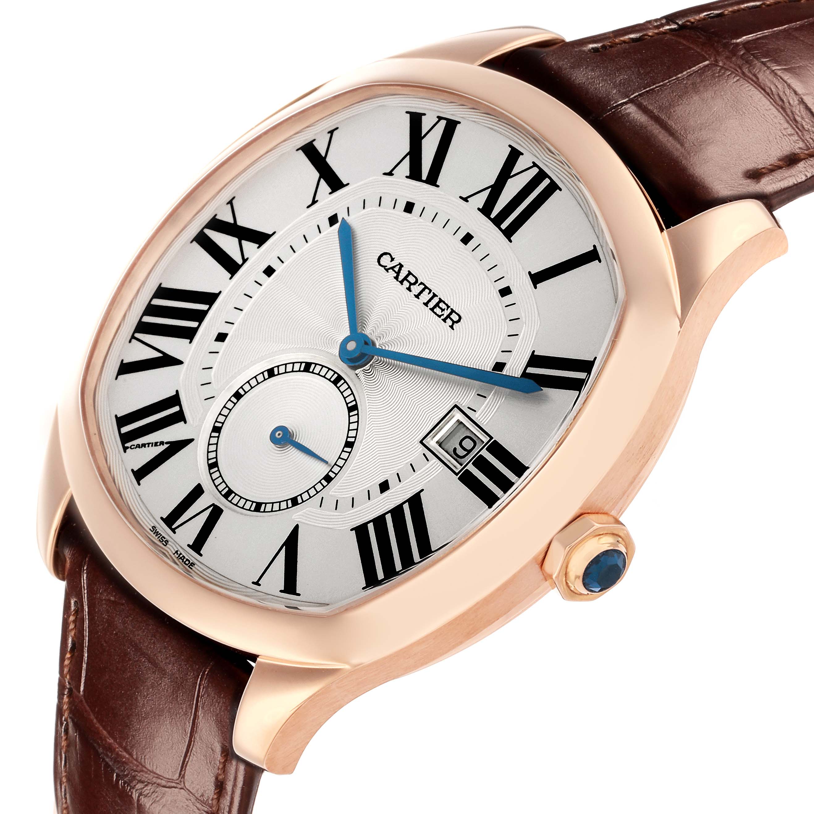 The Calibre de Cartier watch is shown at an angled view, highlighting the dial, Roman numerals, date window, and crown.