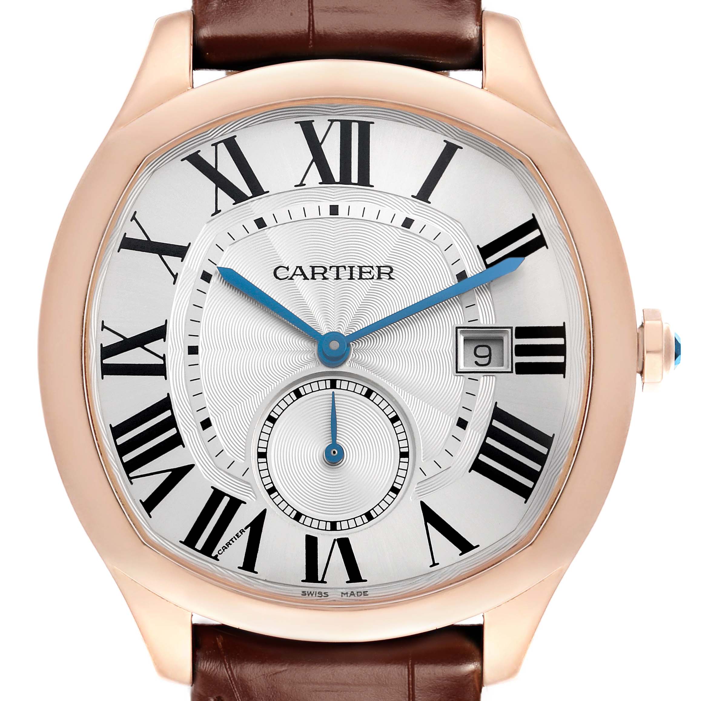 The Calibre de Cartier watch is shown from a front angle, highlighting the dial, Roman numerals, date window, and brown leather strap.