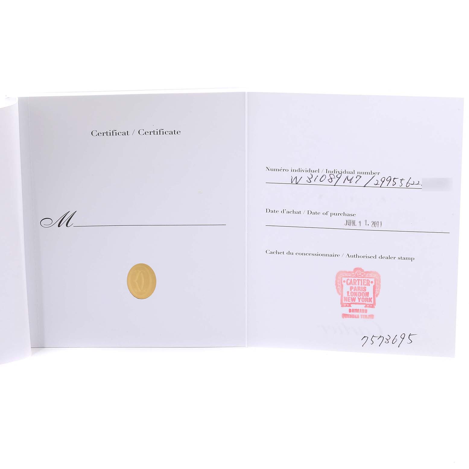 This image shows the certificate and documentation for a Cartier Pasha W31089M7 Men
s Stainless Steel Silver Dial W31089M7 Men
s Stainless Steel Silver Dial watch, detailing the individual number, purchase date, and dealer stamp.