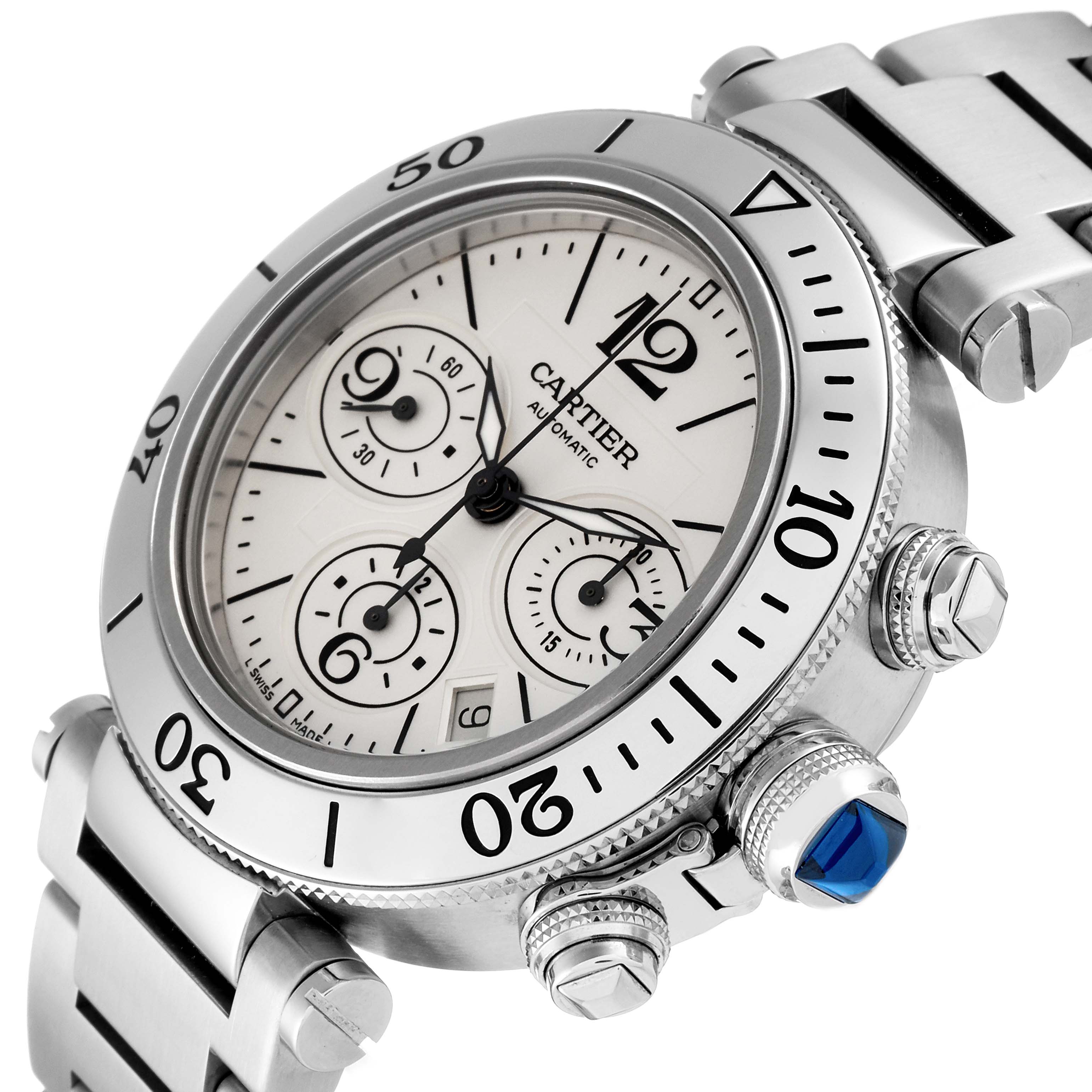 This image shows a Cartier Pasha W31089M7 Men
s Stainless Steel Silver Dial W31089M7 Men
s Stainless Steel Silver Dial watch at a three-quarter angle, highlighting its dial, bezel, and crown.