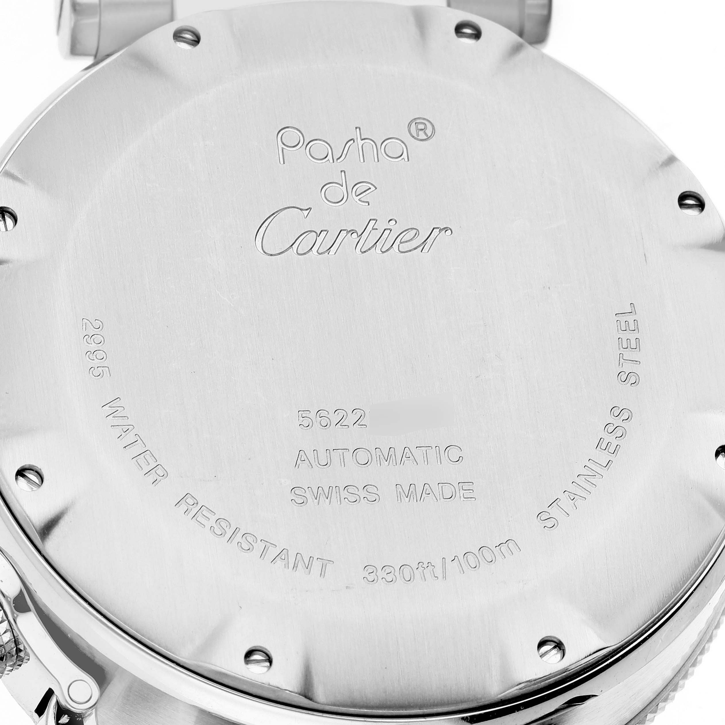 The image shows the back case of a Cartier Pasha W31089M7 Men
s Stainless Steel Silver Dial W31089M7 Men
s Stainless Steel Silver Dial watch, highlighting its specifications and branding details.