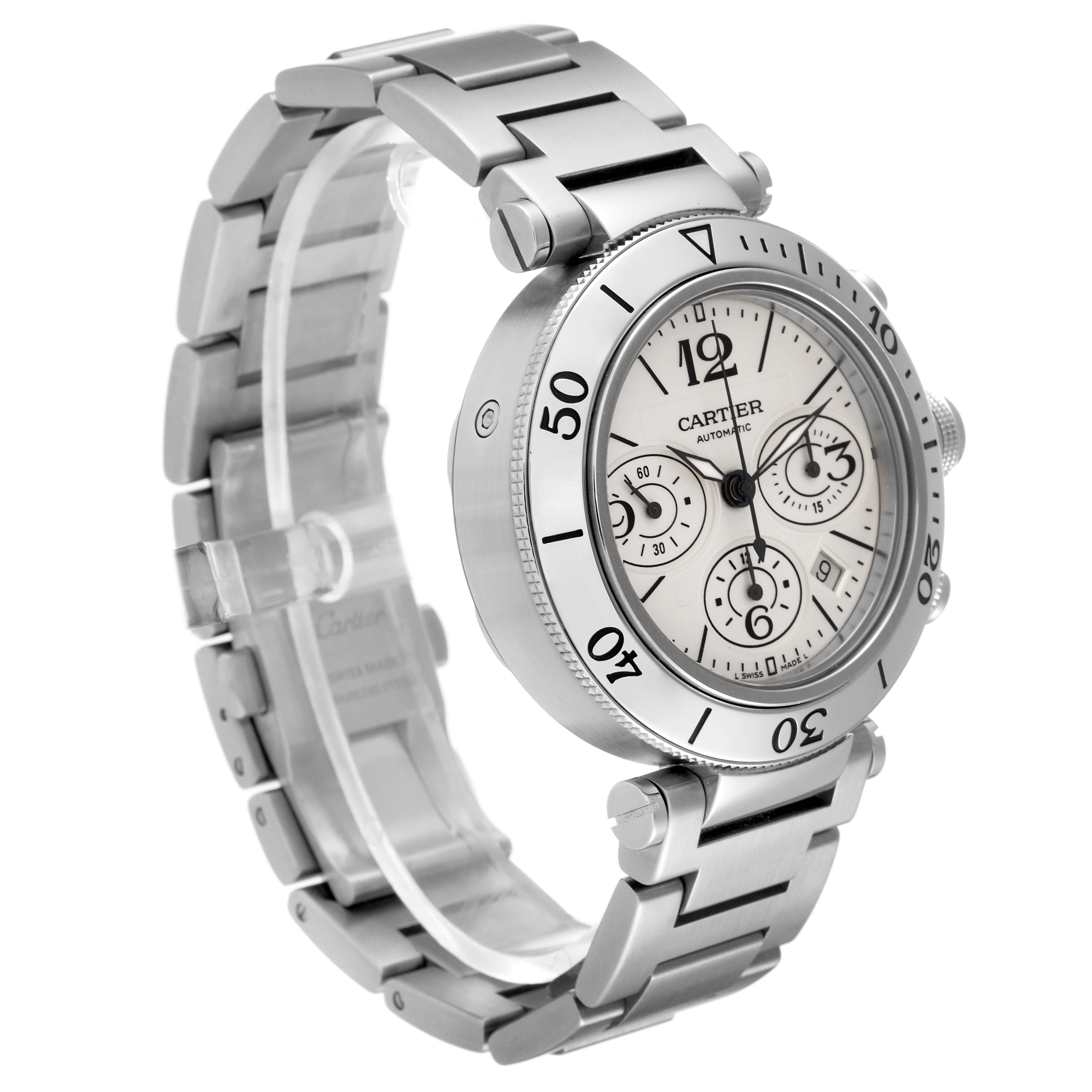 This image shows a side angle view of the Cartier Pasha W31089M7 Men
s Stainless Steel Silver Dial W31089M7 Men
s Stainless Steel Silver Dial watch, displaying the face, bezel, and metal bracelet.