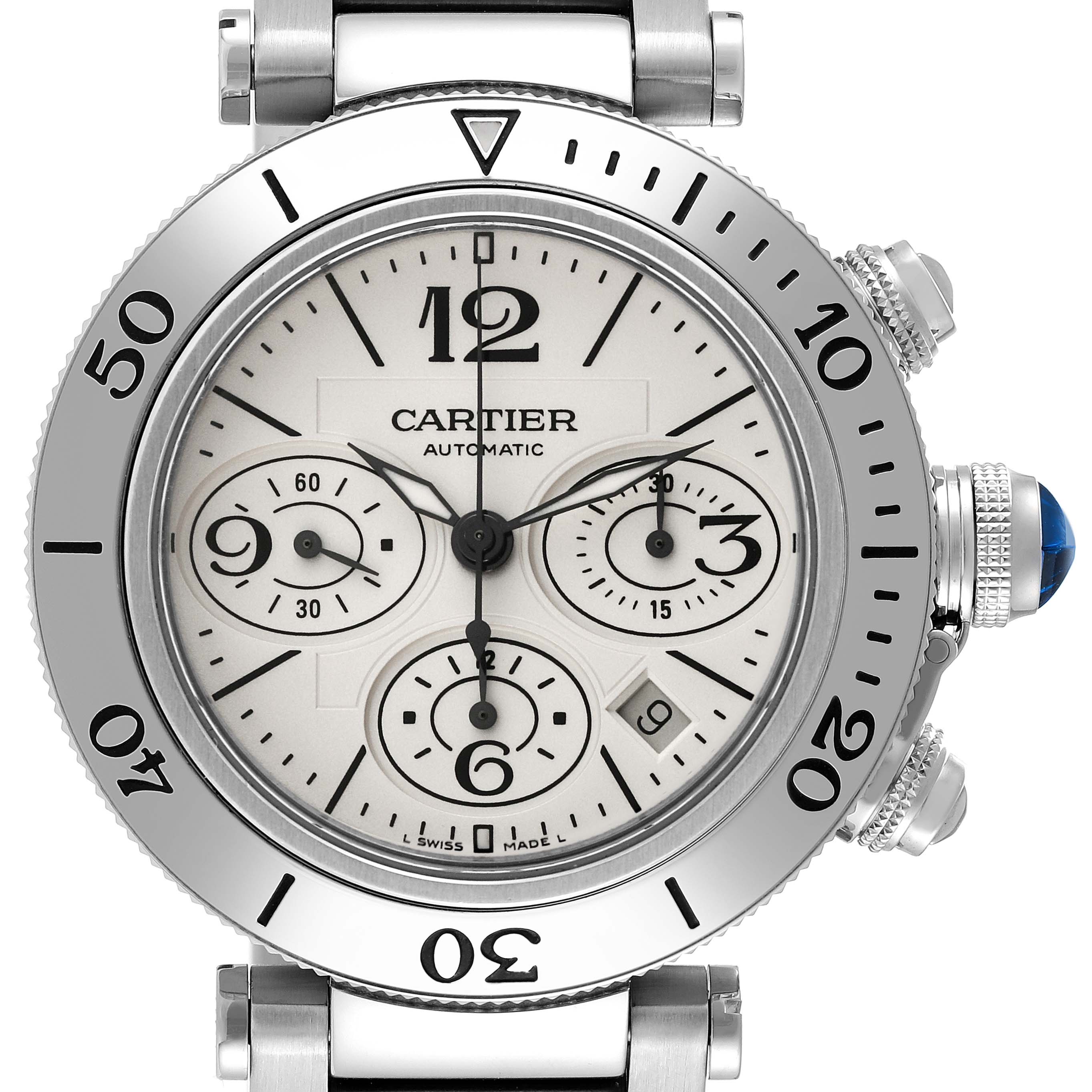 The image shows a frontal view of the Cartier Pasha W31089M7 Men
s Stainless Steel Silver Dial W31089M7 Men
s Stainless Steel Silver Dial watch, highlighting the dial, subdials, bezel, crown, and pushers.