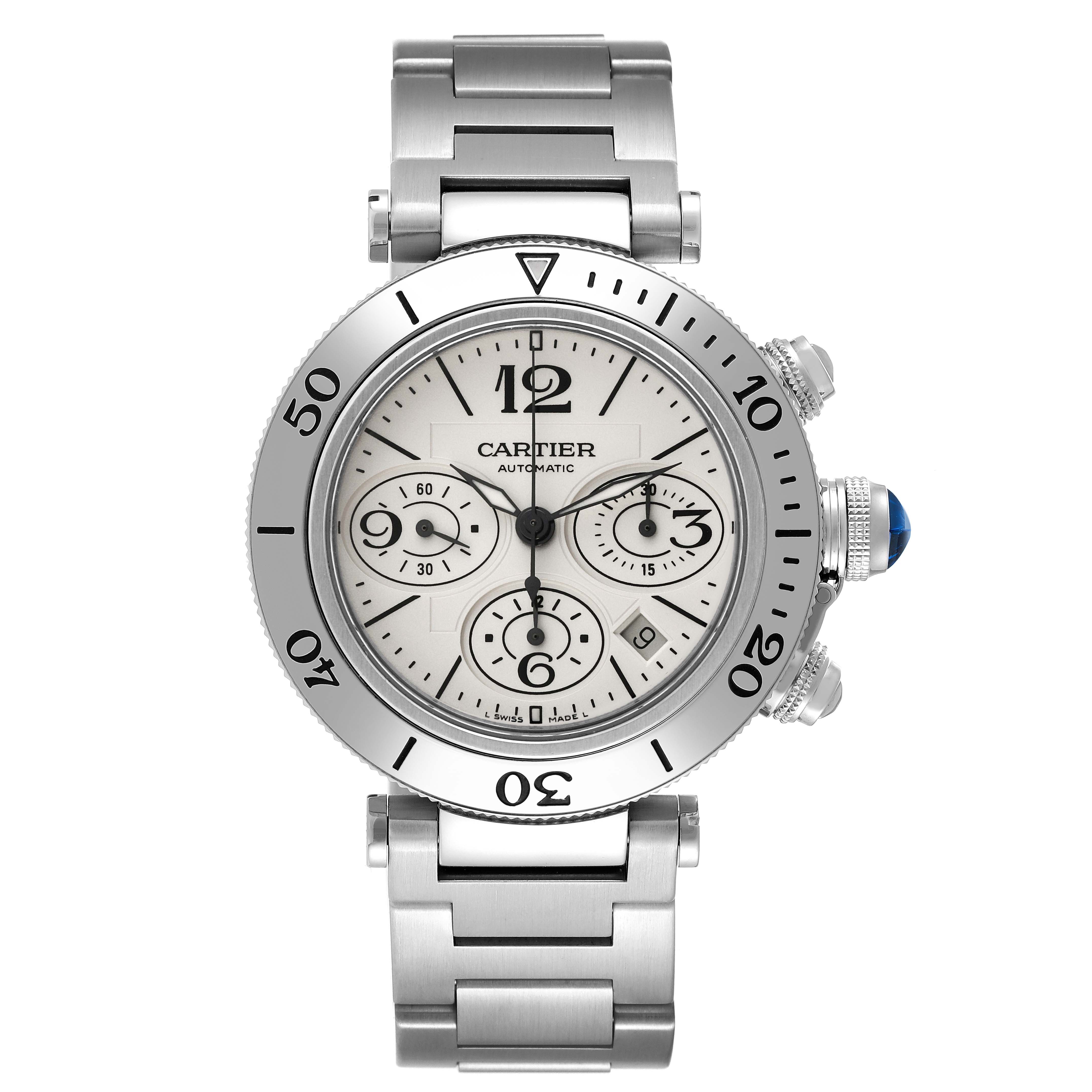 This image shows a front view of the Cartier Pasha W31089M7 Men
s Stainless Steel Silver Dial W31089M7 Men
s Stainless Steel Silver Dial model watch with its stainless steel bracelet and dial.