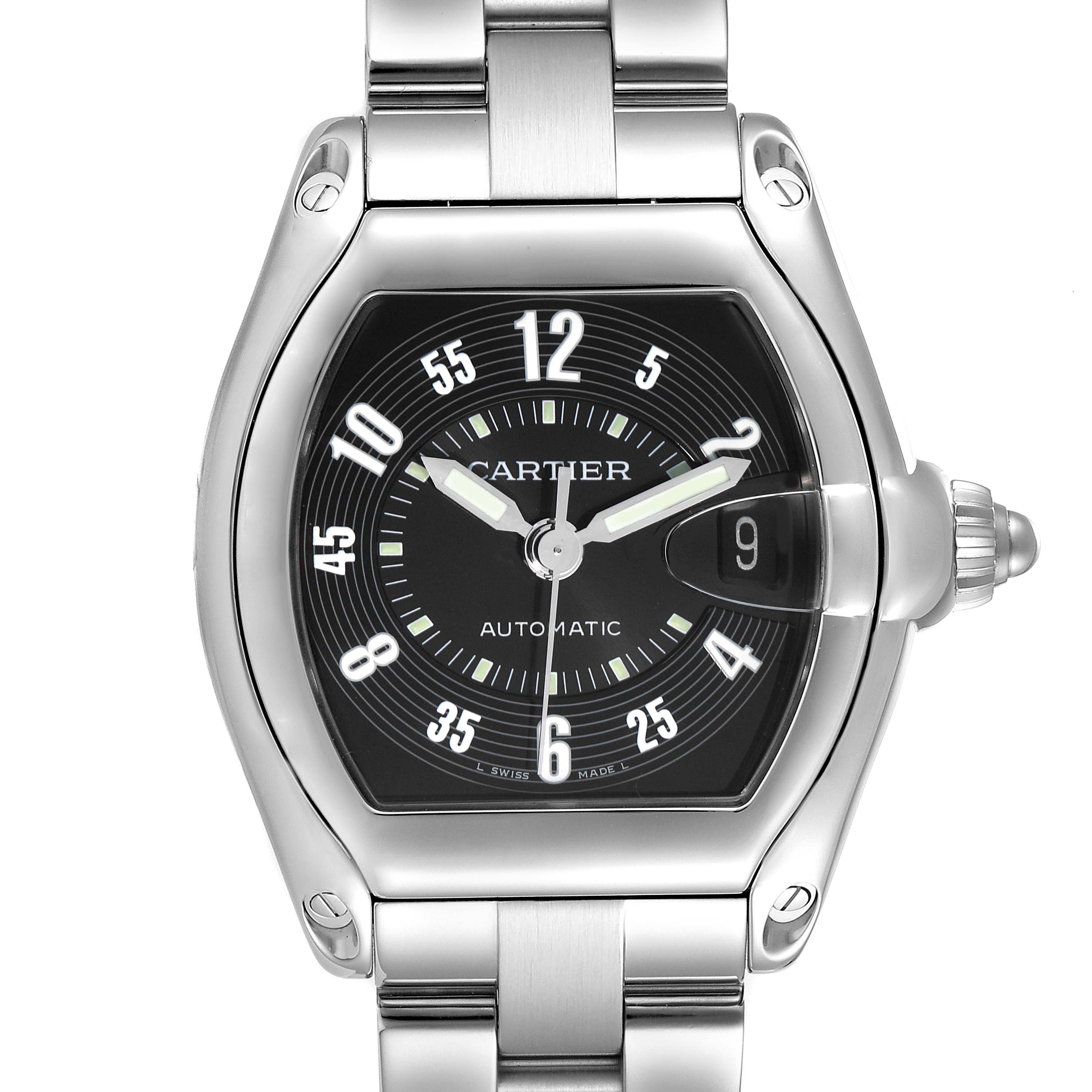 The Cartier Roadster W62004V3 Men
s Stainless Steel Black Dial watch is shown from a front angle, highlighting the dial, bezel, and crown.