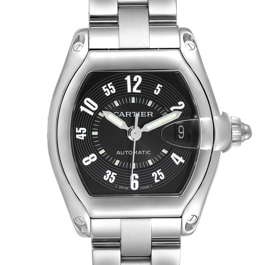The Cartier Roadster W62004V3 Men's Stainless Steel Black Dial watch is shown from a front angle, highlighting the dial, bezel, and crown.