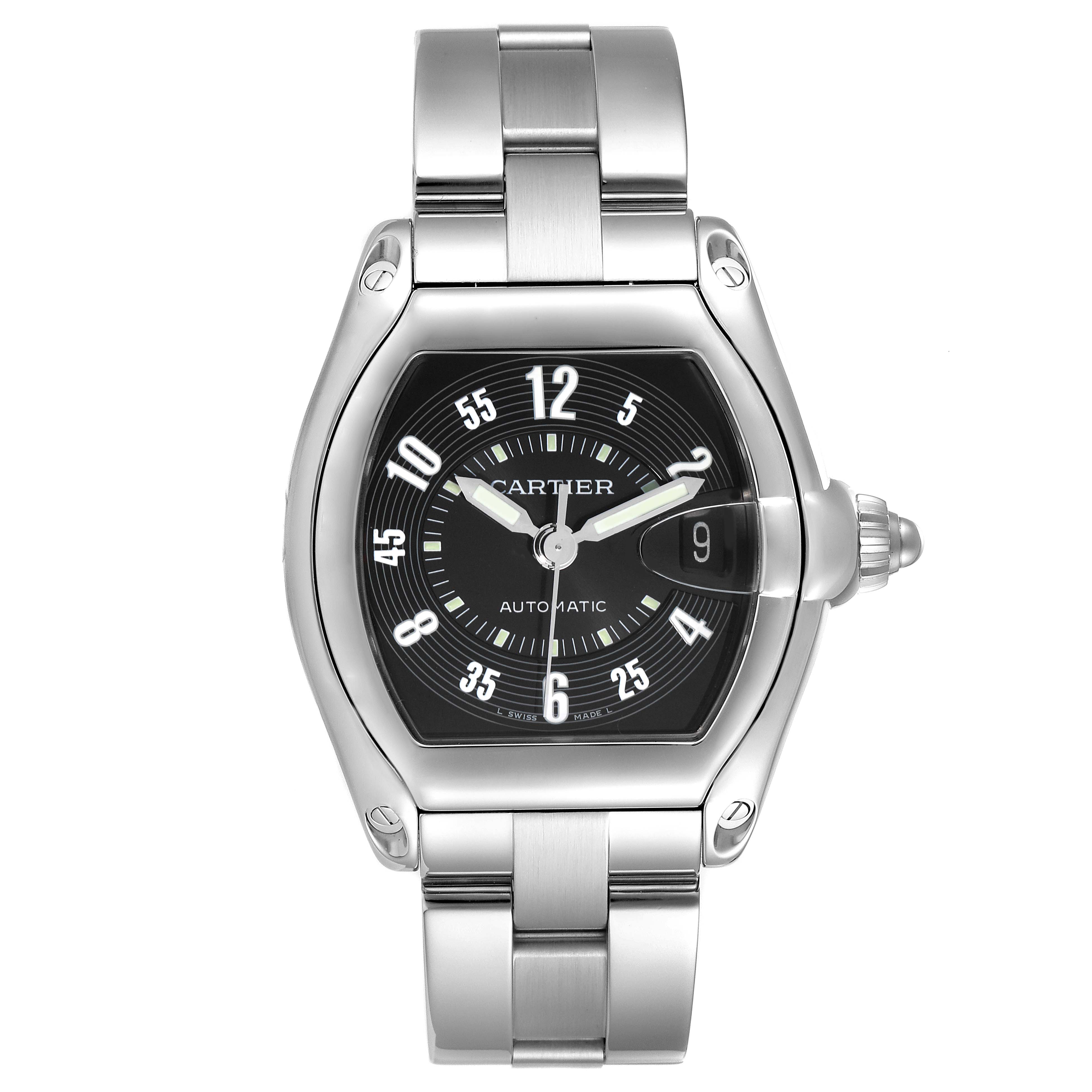 The Cartier Roadster W62004V3 Men
s Stainless Steel Black Dial watch is shown from a top-down angle, displaying its dial, bezel, bracelet, and crown.