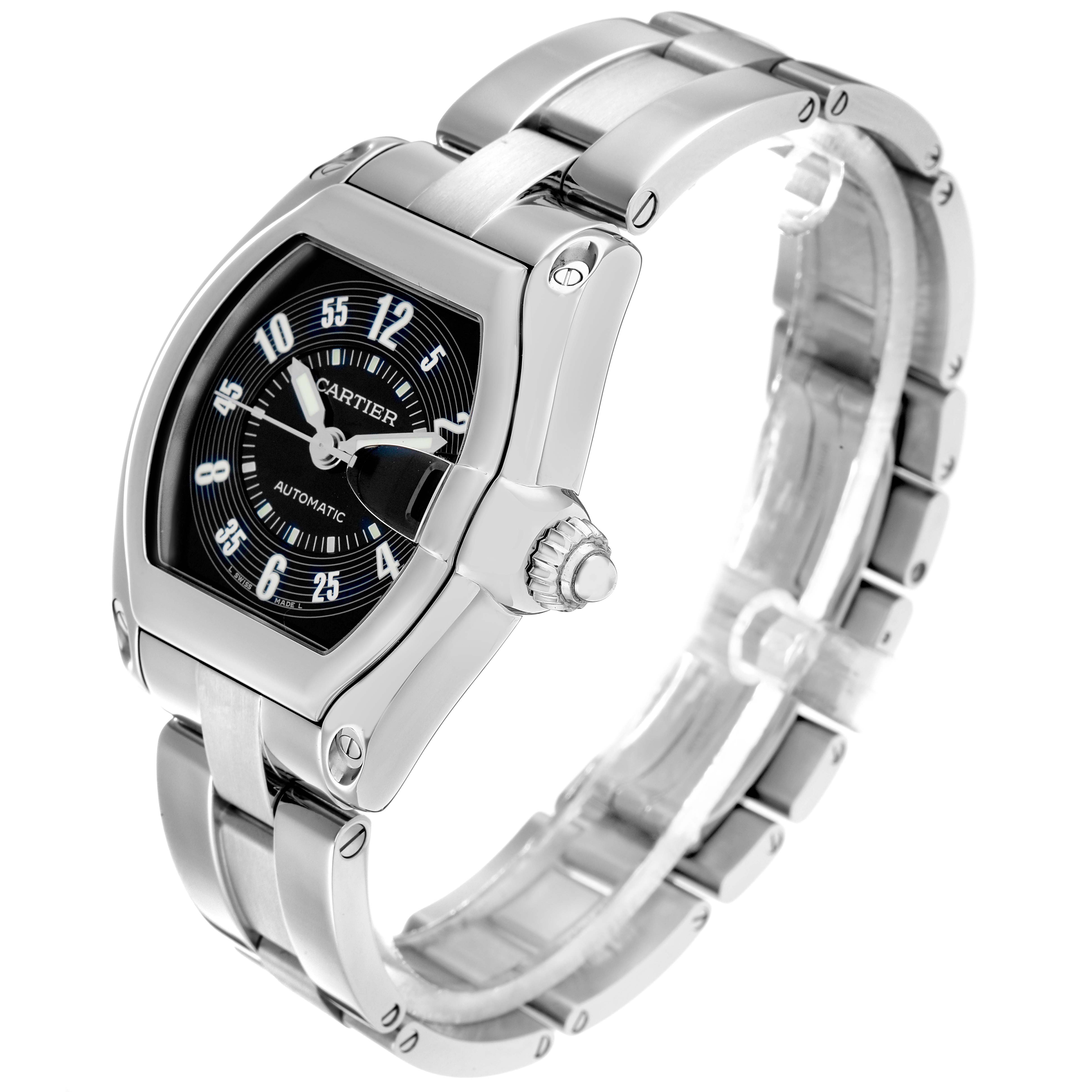 The Cartier Roadster W62004V3 Men
s Stainless Steel Black Dial watch is shown at a three-quarter angle, displaying the face, bezel, case, crown, and bracelet.