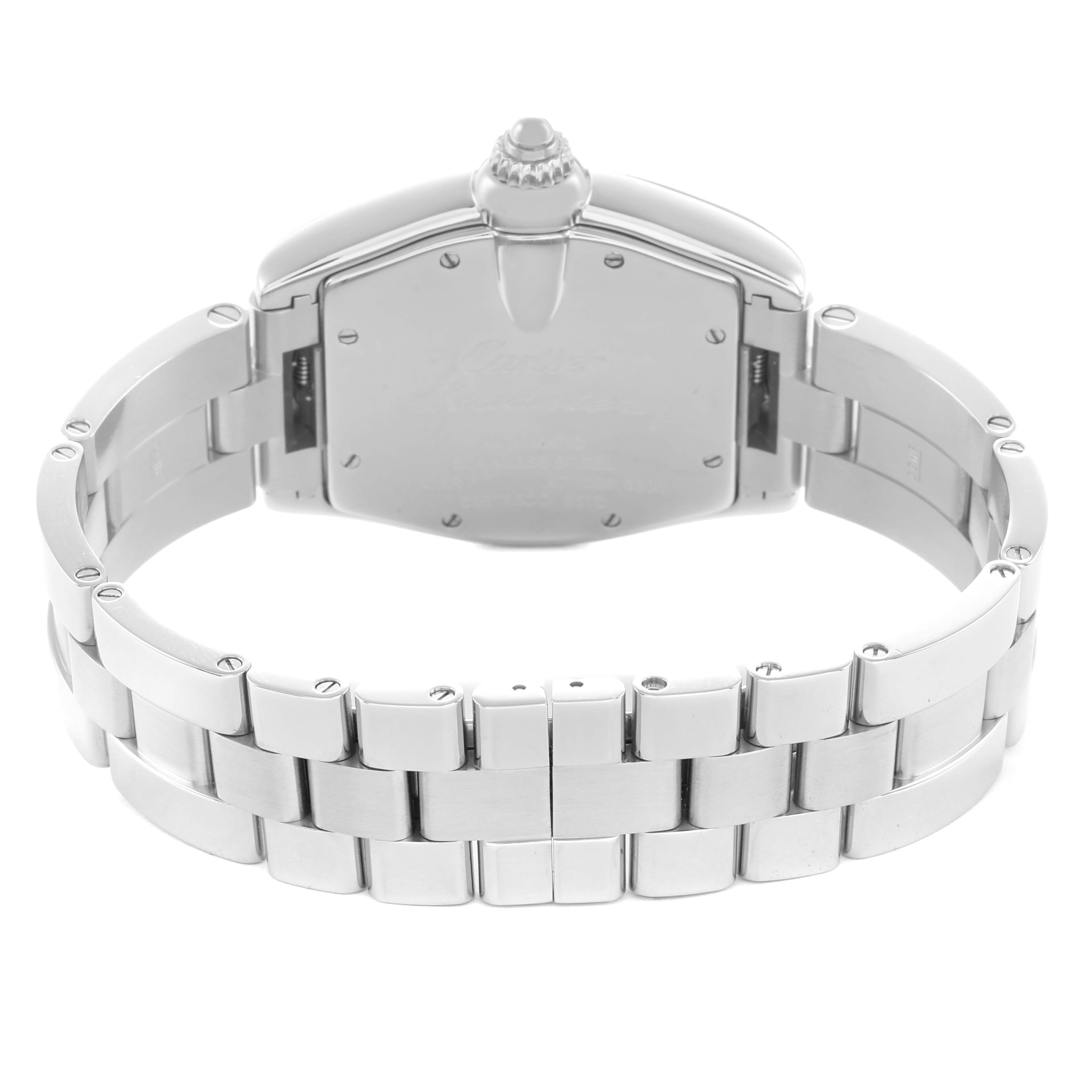 The image shows the back view of the Cartier Roadster W62004V3 Men
s Stainless Steel Black Dial watch, highlighting the bracelet and case back.