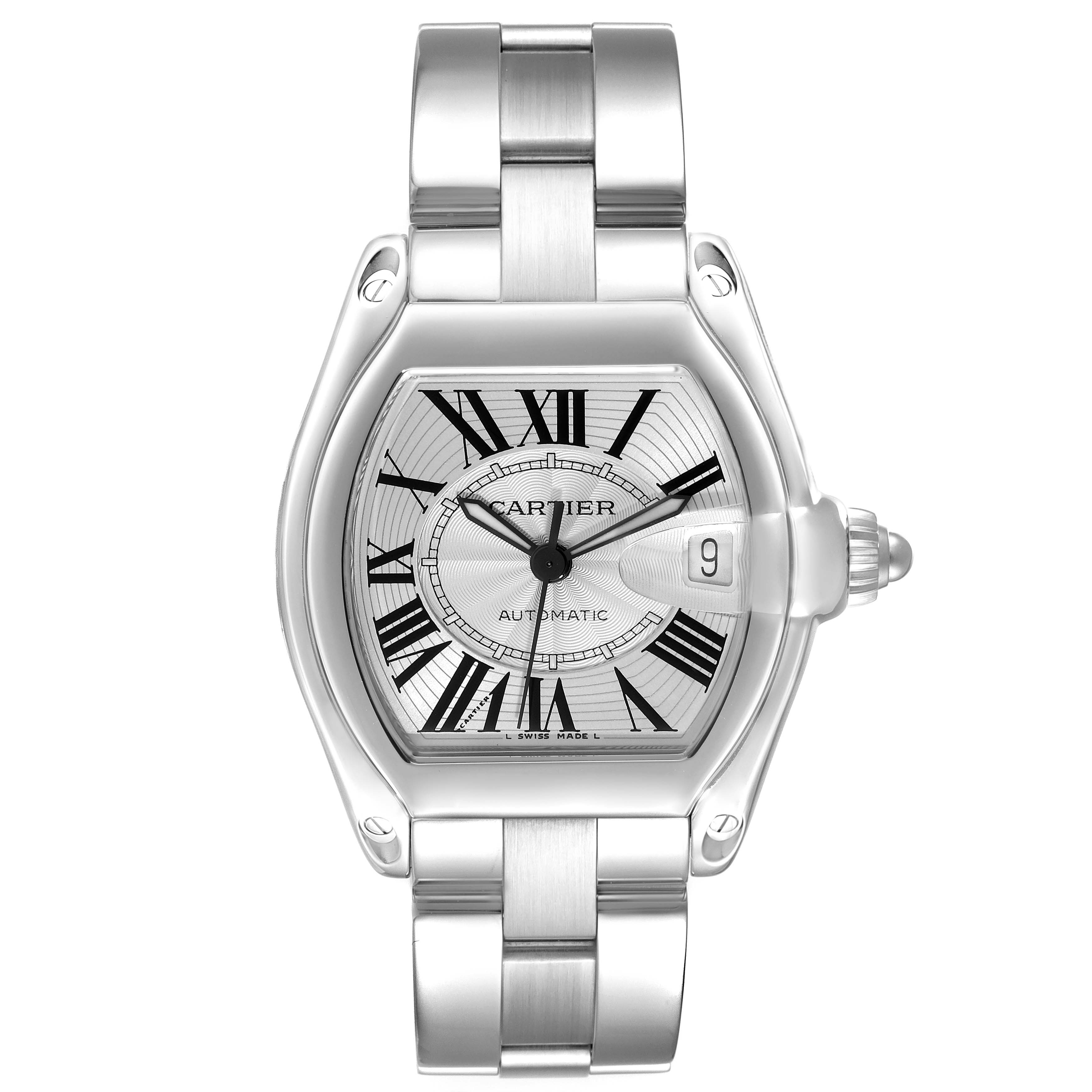 The image shows a front view of a Cartier Roadster W62025V3 Men's Stainless Steel Silver Dial W62025V3 Men's Stainless Steel Silver Dial model watch displaying its dial, bracelet, and date window.