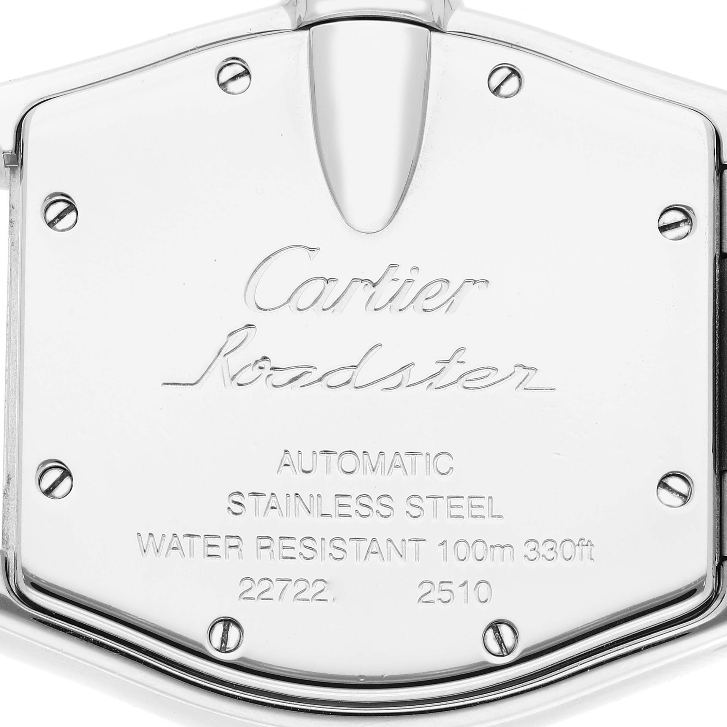 The image shows the back case of a Cartier Roadster W62025V3 Men's Stainless Steel Silver Dial W62025V3 Men's Stainless Steel Silver Dial watch, featuring engraved text and screw details.