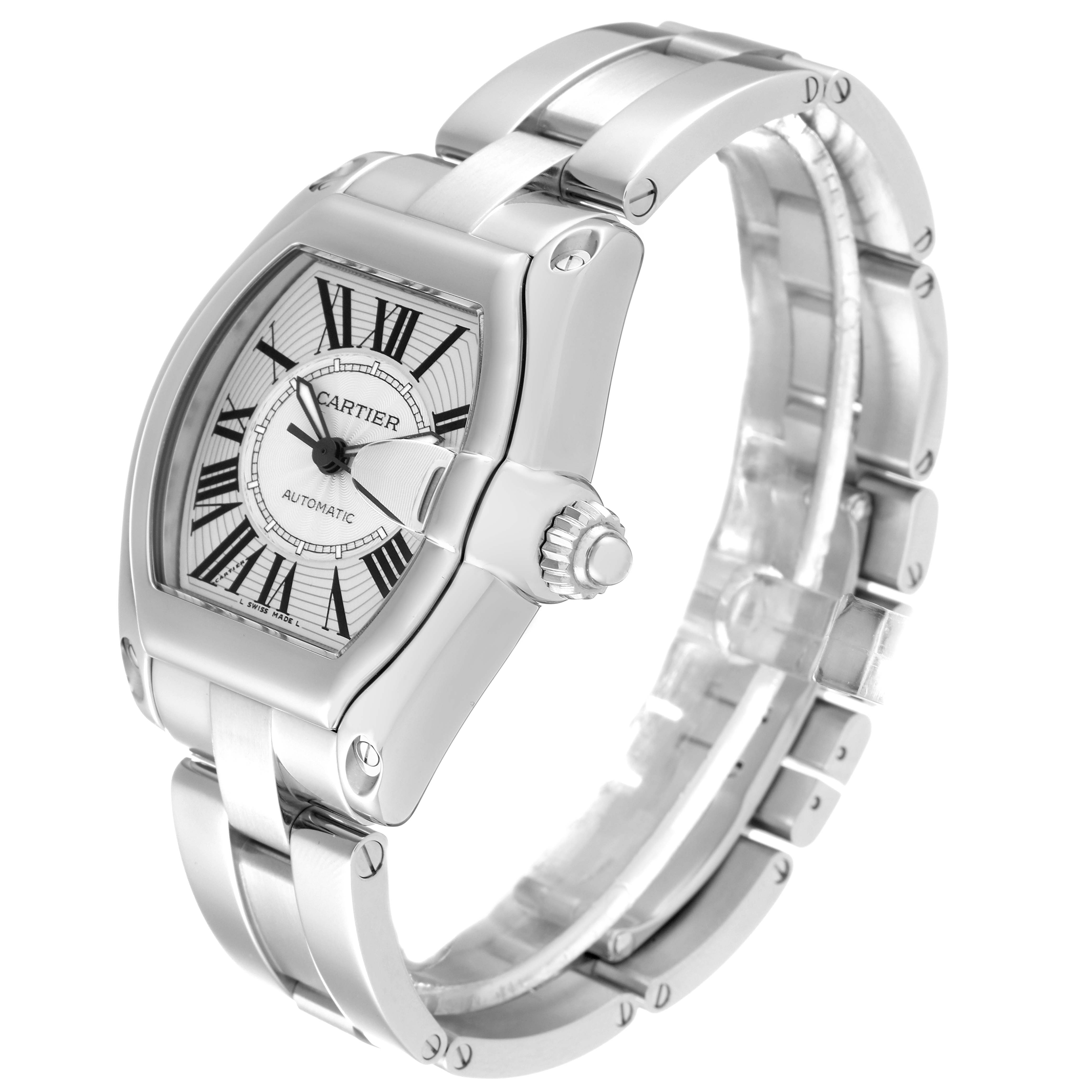 The image shows a Cartier Roadster W62025V3 Men's Stainless Steel Silver Dial W62025V3 Men's Stainless Steel Silver Dial watch at a three-quarter angle, highlighting the face, crown, and part of the bracelet.