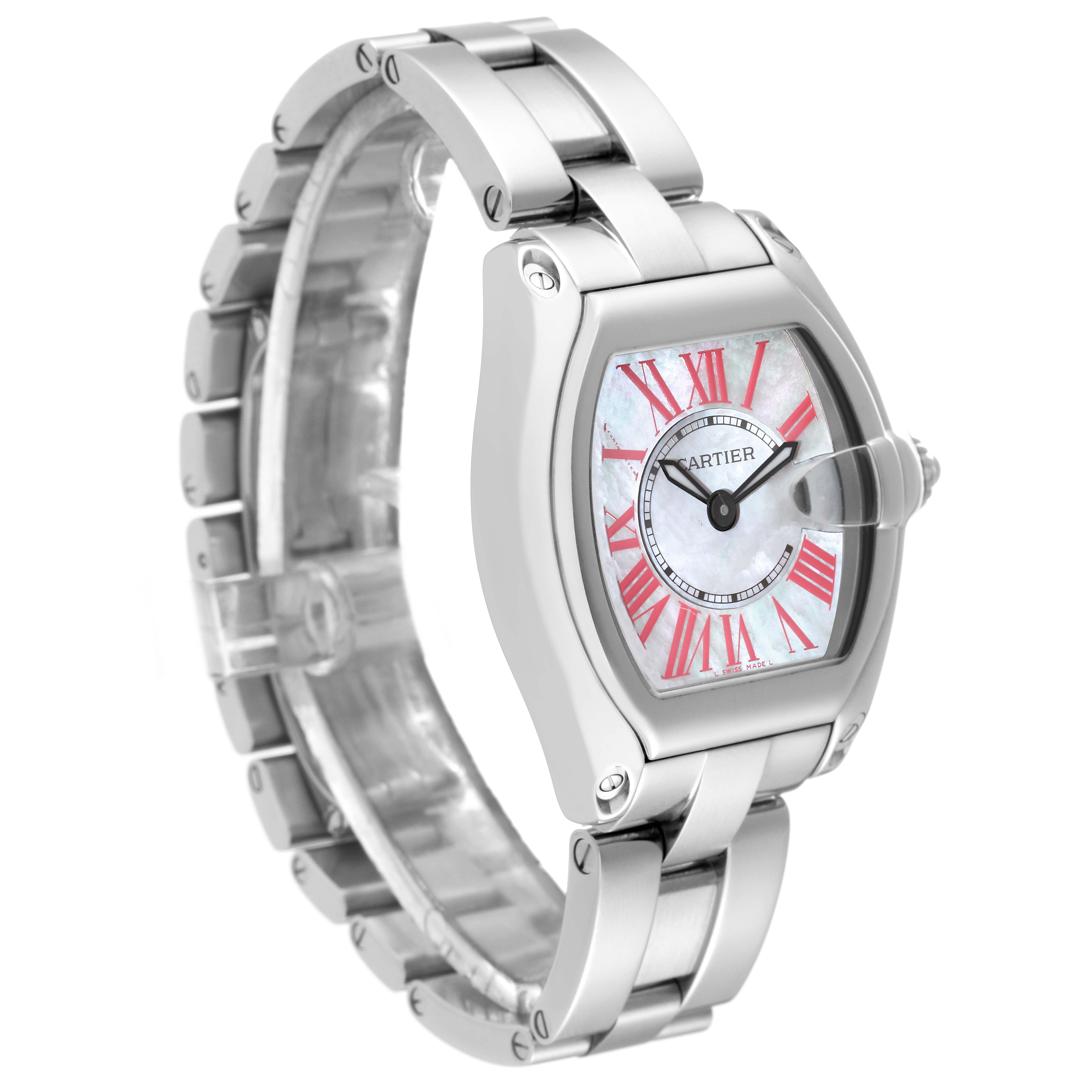 The Cartier Roadster W6206006 Women's Stainless Steel Mother of Pearl Dial W6206006 Women's Stainless Steel Mother of Pearl Dial watch is shown at a three-quarter angle, displaying its face and part of the bracelet.