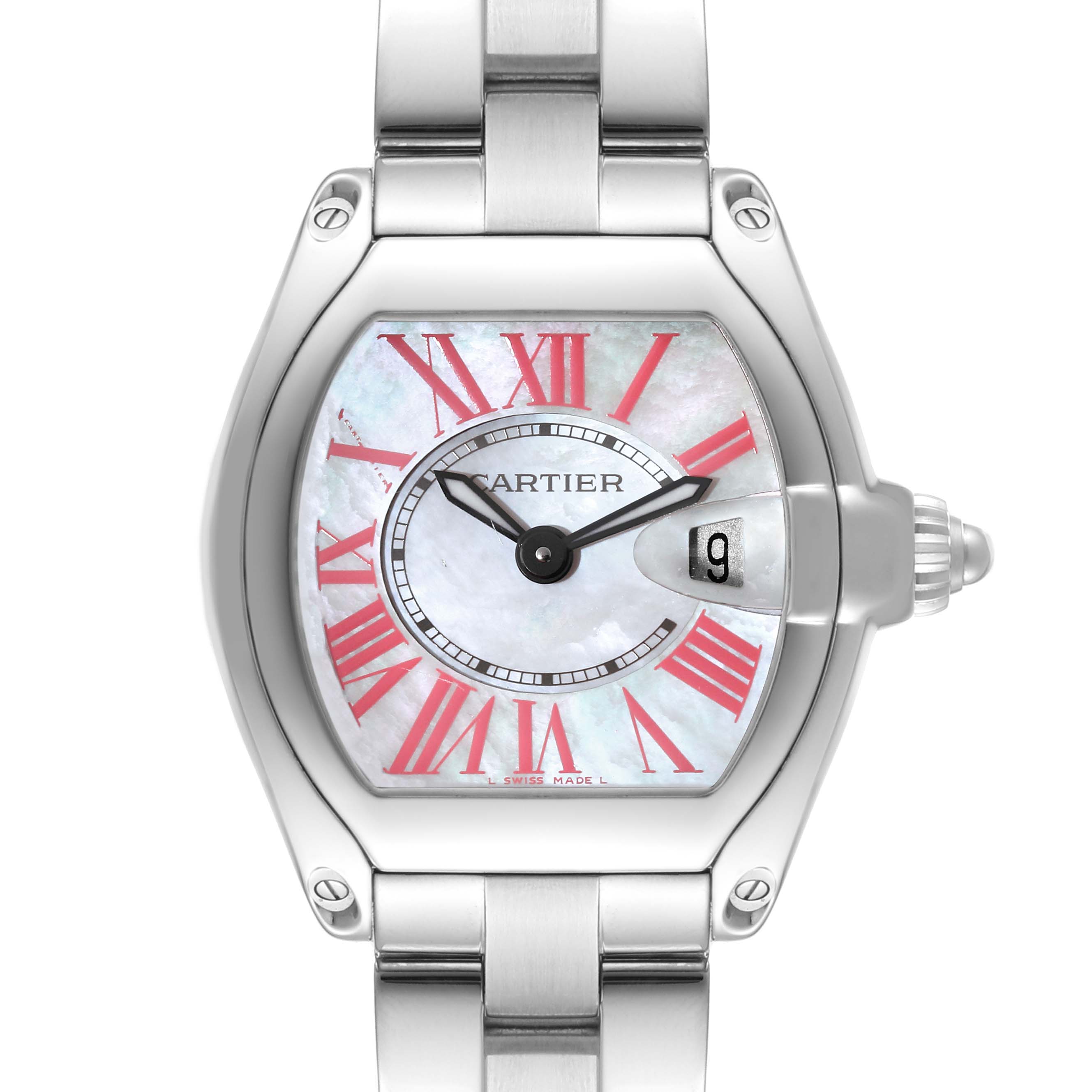 This image shows a Cartier Roadster W6206006 Women's Stainless Steel Mother of Pearl Dial W6206006 Women's Stainless Steel Mother of Pearl Dial watch from a front angle, displaying its face, dial, and bracelet.