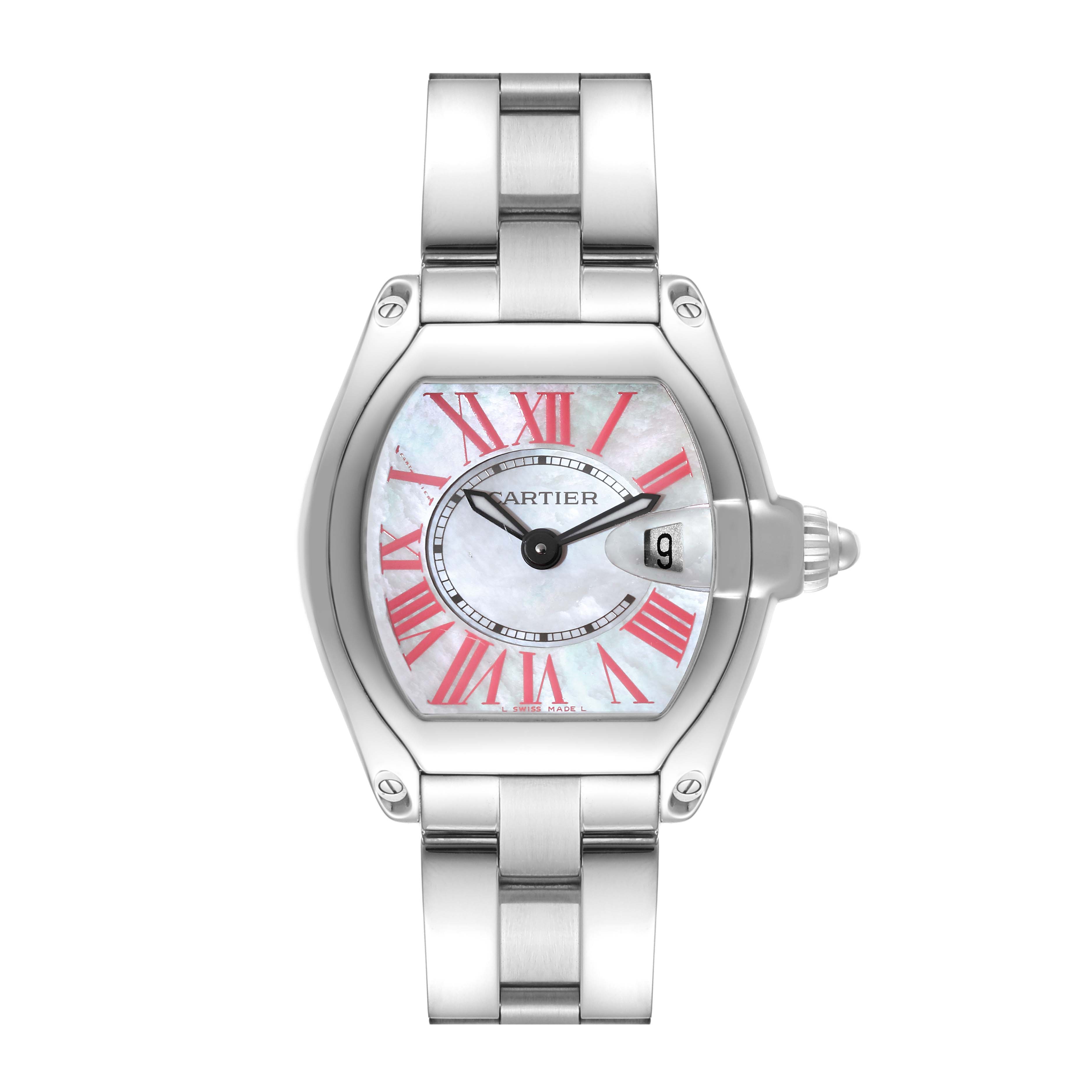 This image shows a Cartier Roadster W6206006 Women's Stainless Steel Mother of Pearl Dial W6206006 Women's Stainless Steel Mother of Pearl Dial model watch from a top-down angle, highlighting the dial, hands, and band.