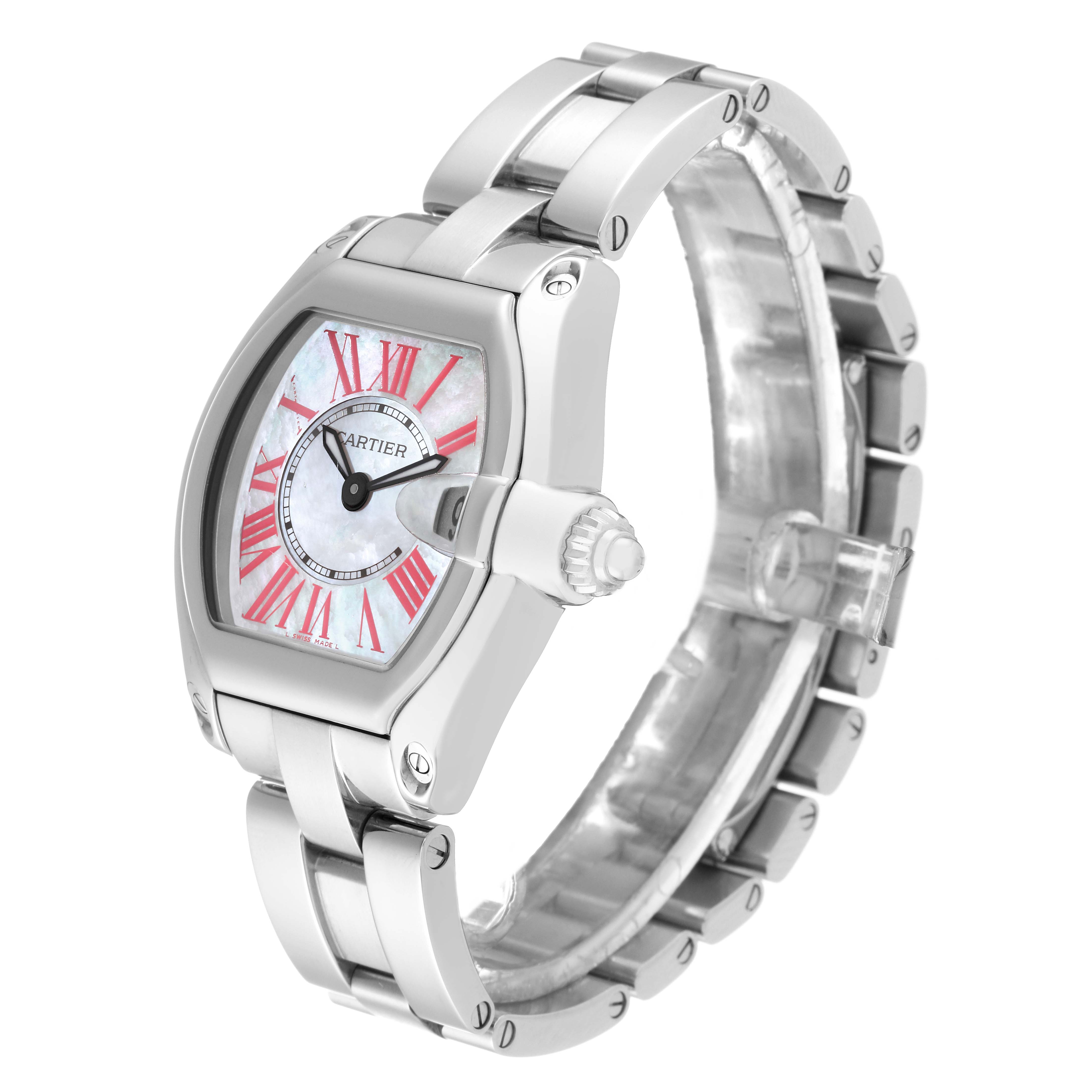 A Cartier Roadster W6206006 Women's Stainless Steel Mother of Pearl Dial W6206006 Women's Stainless Steel Mother of Pearl Dial watch is shown at an angle emphasizing the dial, crown, and metal bracelet.