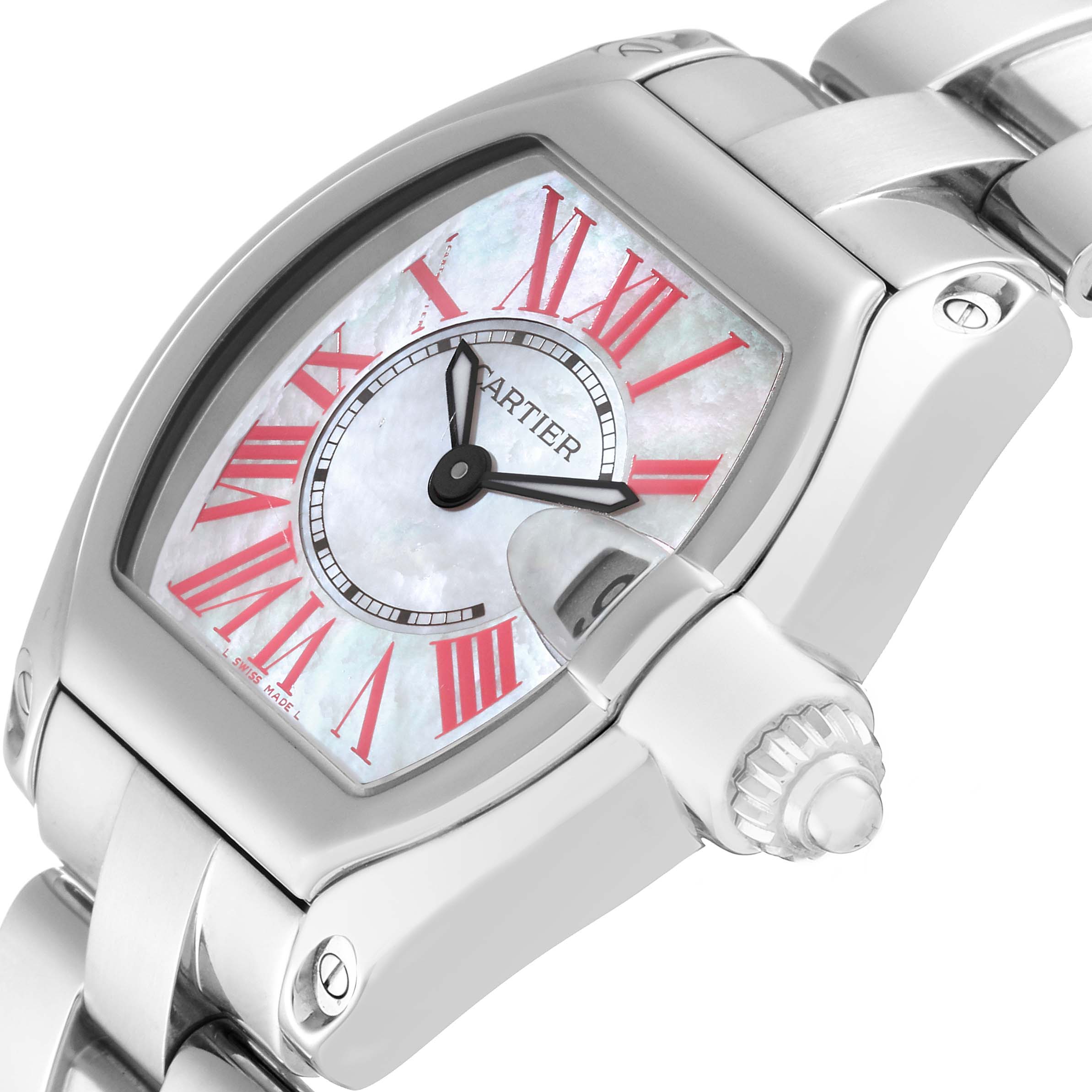 The image shows a close-up of the Cartier Roadster W6206006 Women's Stainless Steel Mother of Pearl Dial W6206006 Women's Stainless Steel Mother of Pearl Dial watch face, crown, and part of the stainless steel bracelet from a side angle.