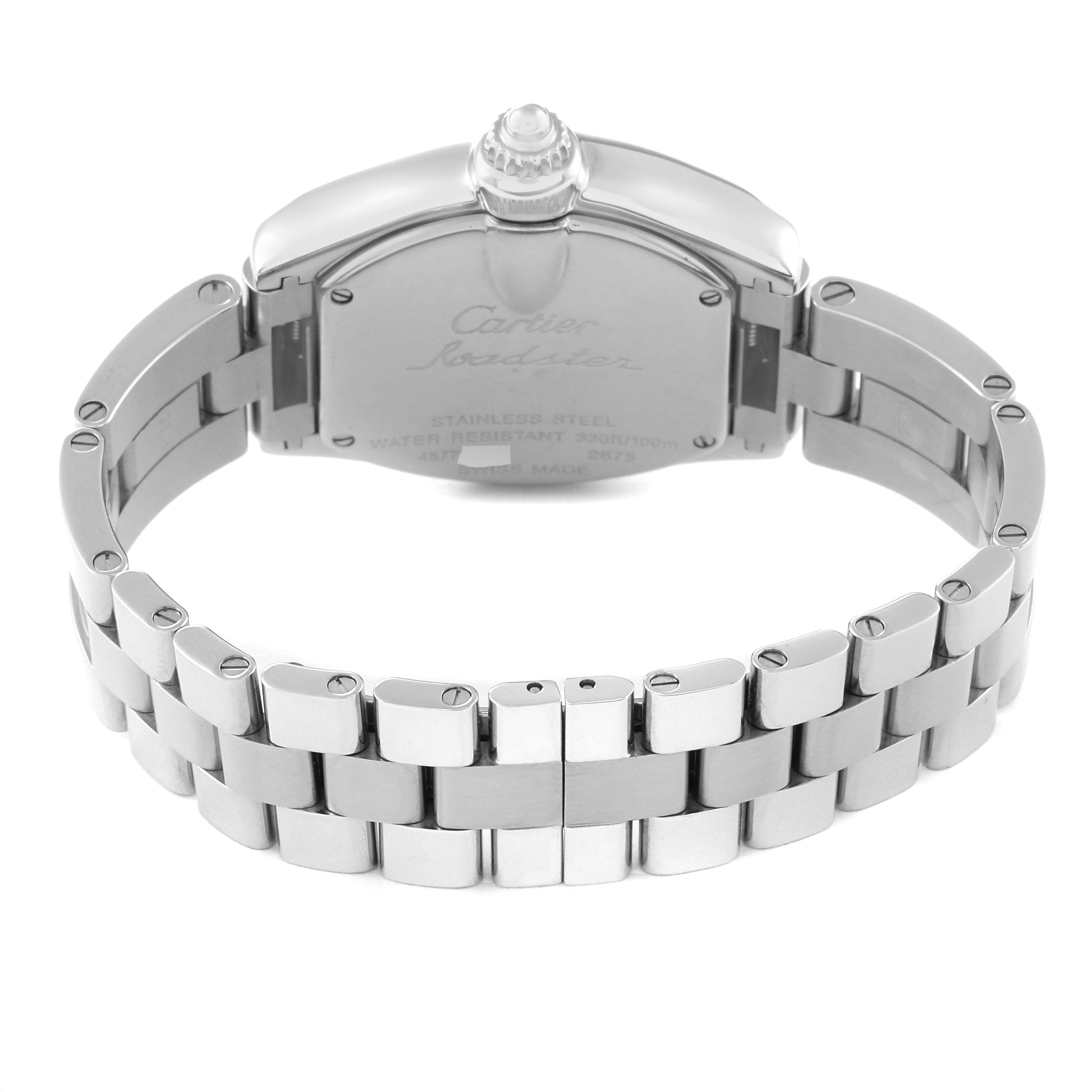This image shows the back view of a Cartier Roadster W6206006 Women's Stainless Steel Mother of Pearl Dial W6206006 Women's Stainless Steel Mother of Pearl Dial watch highlighting its stainless steel case and bracelet.