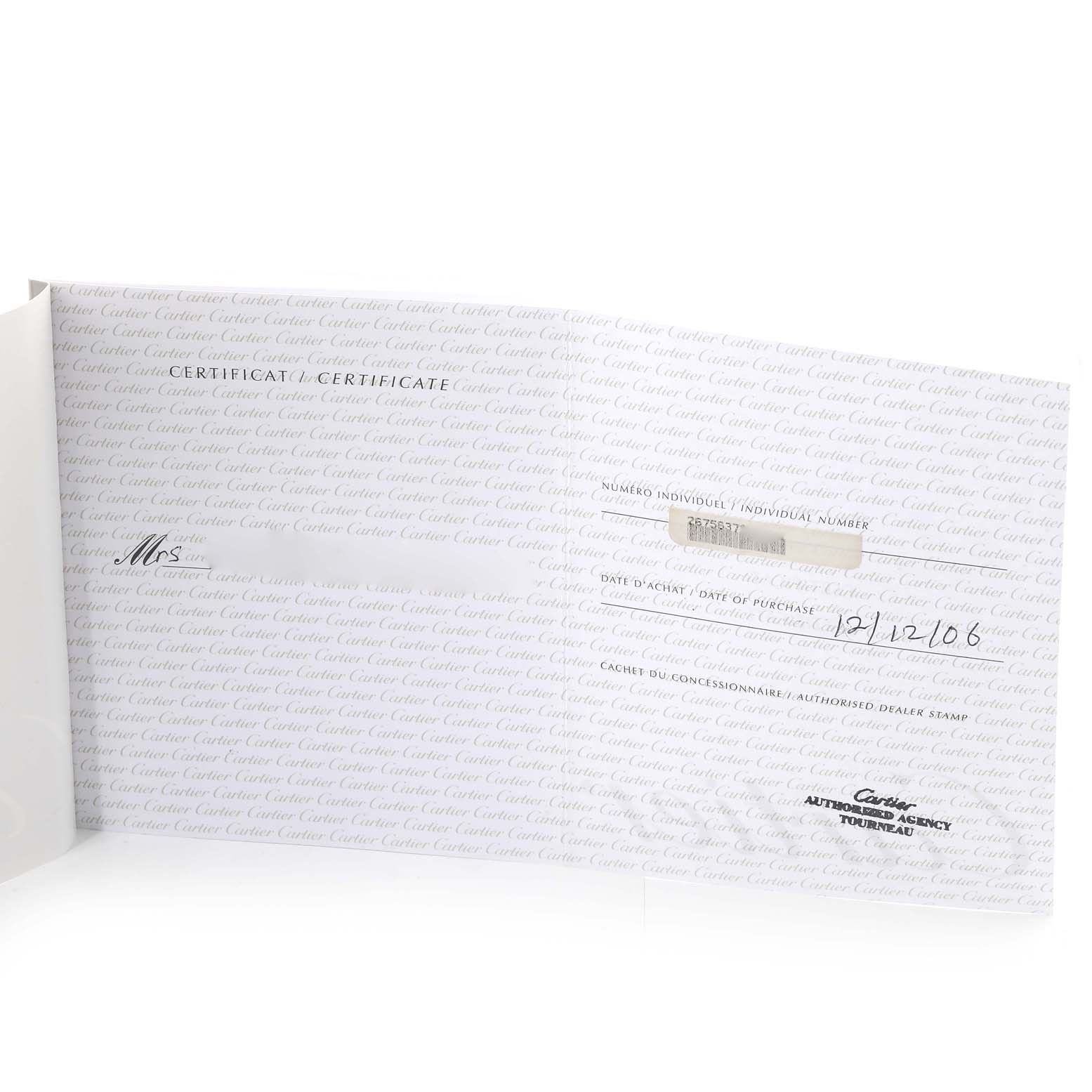 The image shows a certificate of authenticity for the Roadster model by Cartier.