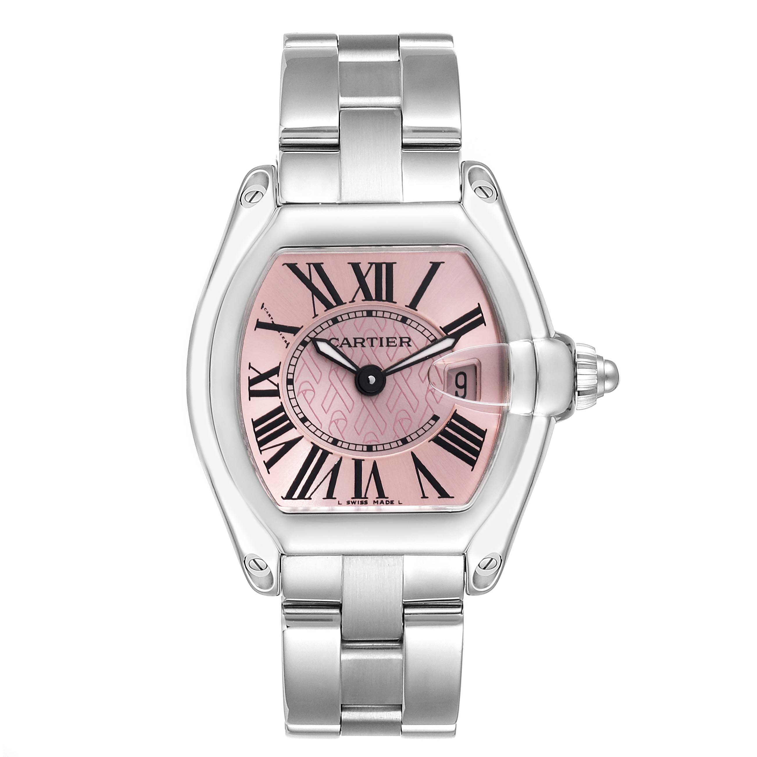 The image shows a front view of the Cartier Roadster W62043V3 Women's Stainless Steel Pink Dial W62043V3 Women's Stainless Steel Pink Dial watch, highlighting its pink dial and stainless steel bracelet.