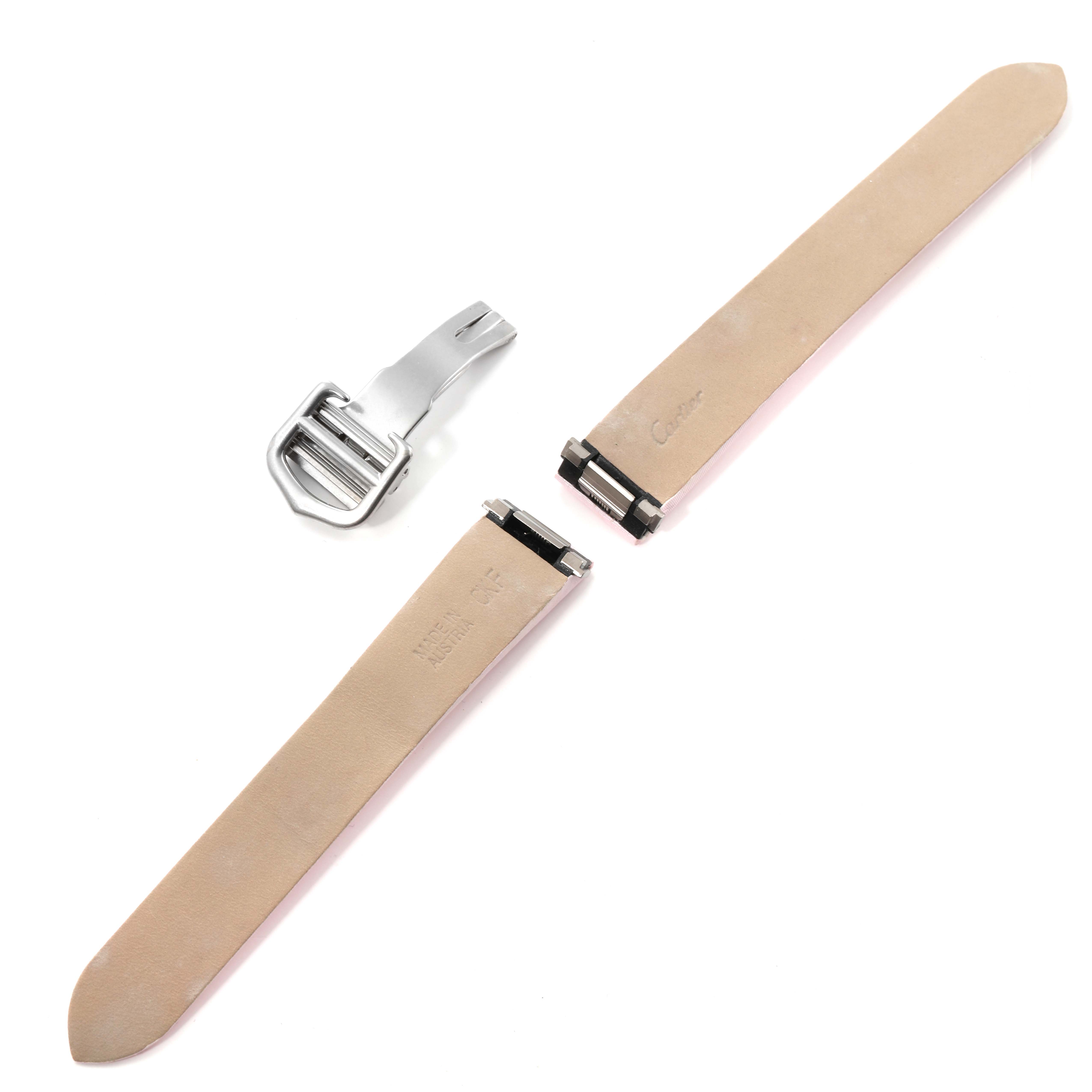 The image shows two tan watch straps and a silver clasp for a Cartier Roadster W62043V3 Women's Stainless Steel Pink Dial W62043V3 Women's Stainless Steel Pink Dial watch.