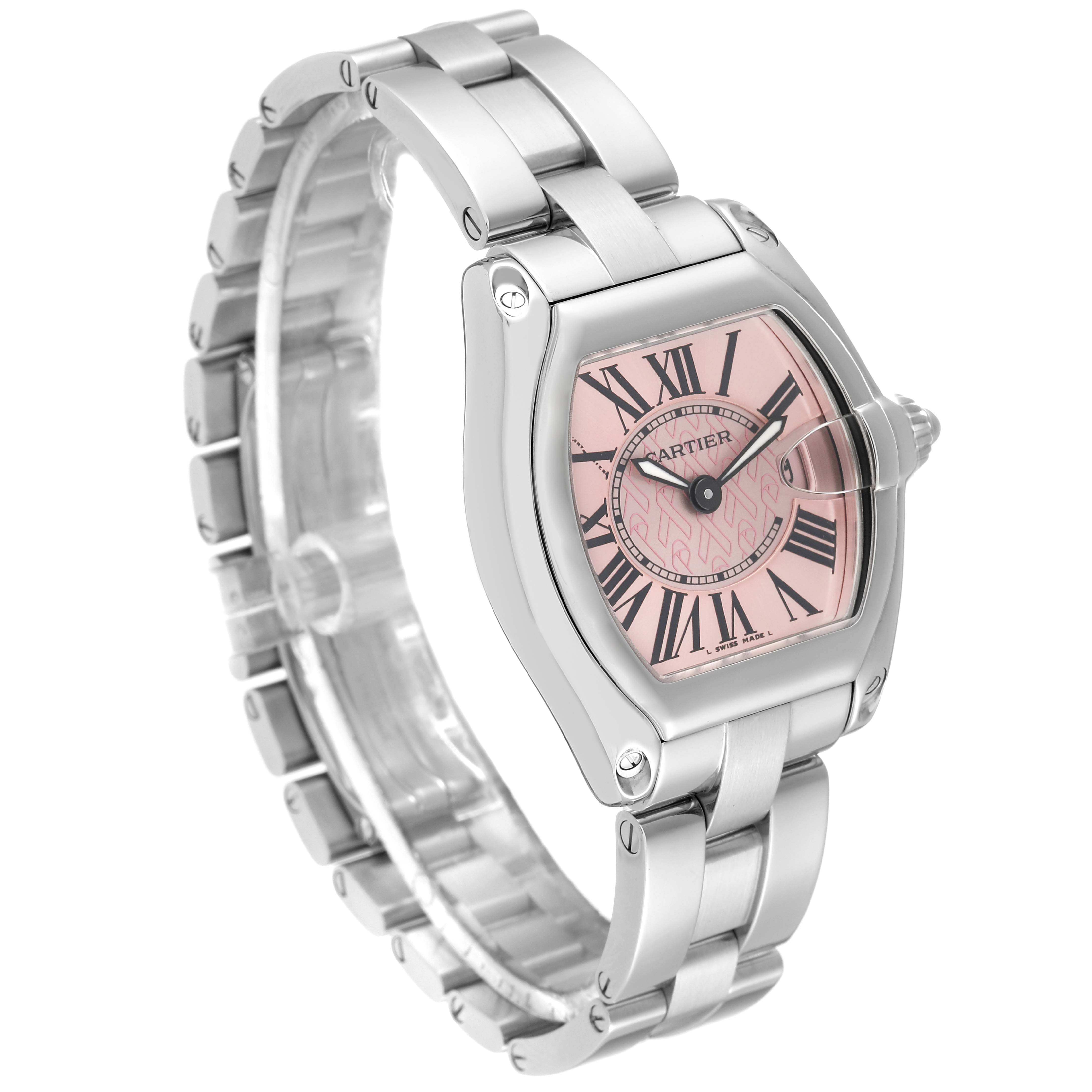 The image shows a Cartier Roadster W62043V3 Women's Stainless Steel Pink Dial W62043V3 Women's Stainless Steel Pink Dial watch at a three-quarter angle highlighting its dial, bezel, and metal bracelet.