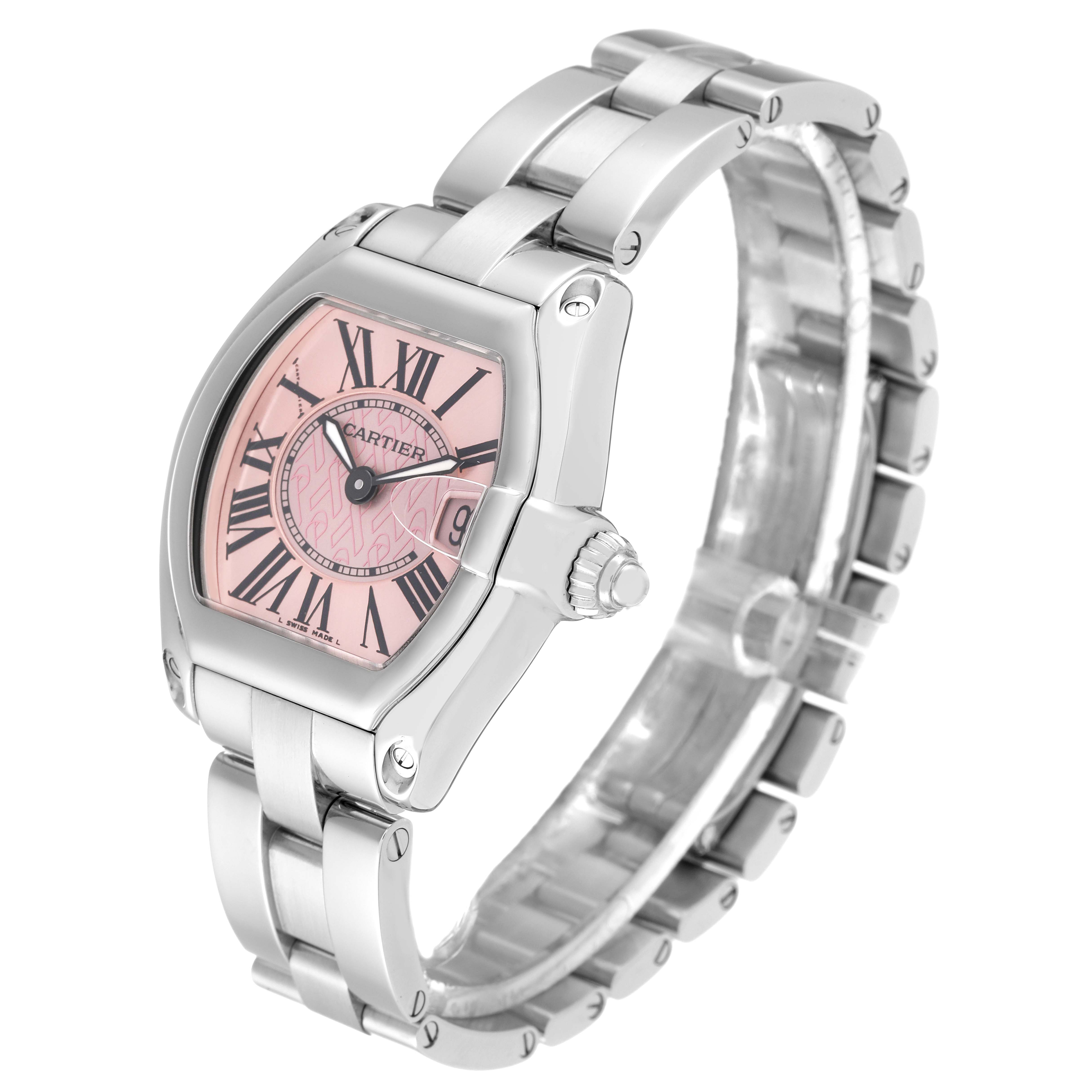 The image shows a Cartier Roadster W62043V3 Women's Stainless Steel Pink Dial W62043V3 Women's Stainless Steel Pink Dial watch at a three-quarter angle, displaying the watch face, bracelet, and crown.